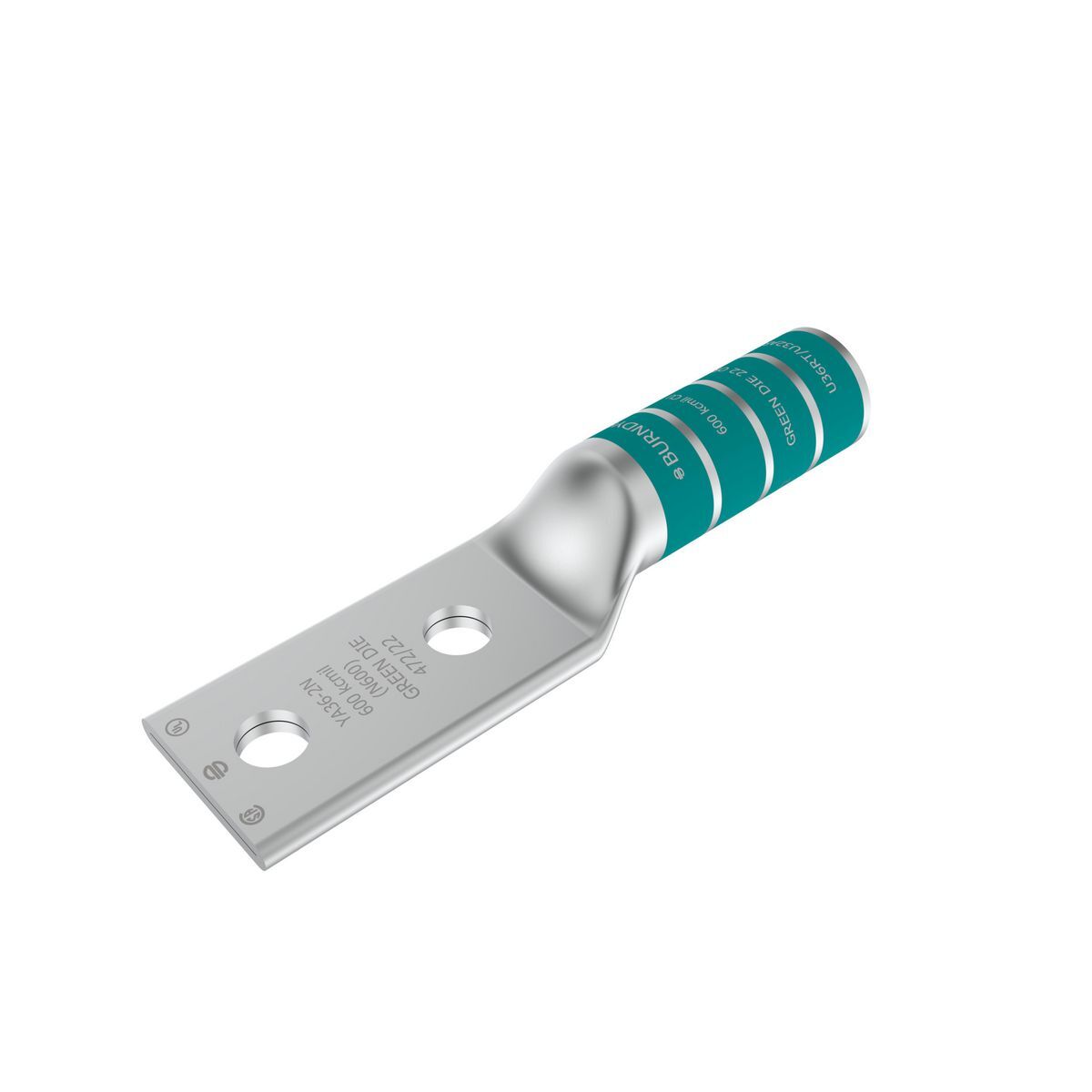 600 kcmil CU, Two Hole, 1/2 Stud Size, 1-3/4 Hole Spacing, Long Barrel Internal Chamfer, Tin Plated, UL/CSA, 90?C, Up to 35kV, Green Color Code, 22 or 472 Die Index.