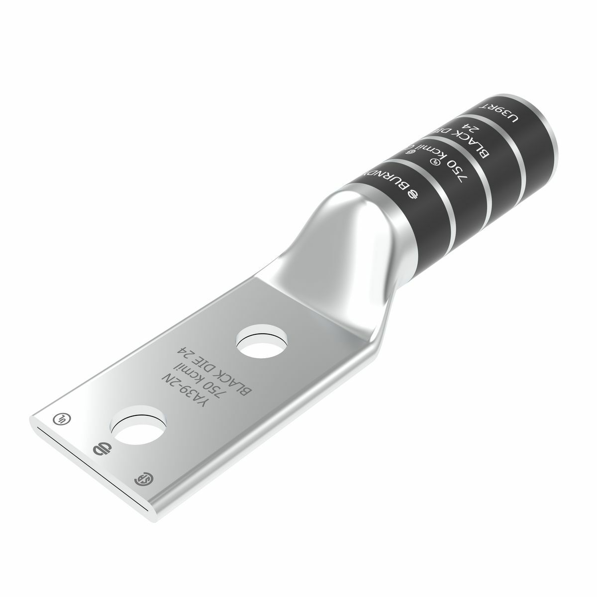 Copper Compression Lug, 2 Hole w/o Inspection Window, 750 kcmil, 1/2" Stud, 1-3/4" Stud Hole Spacing, Long Barrel, Tin Plated.