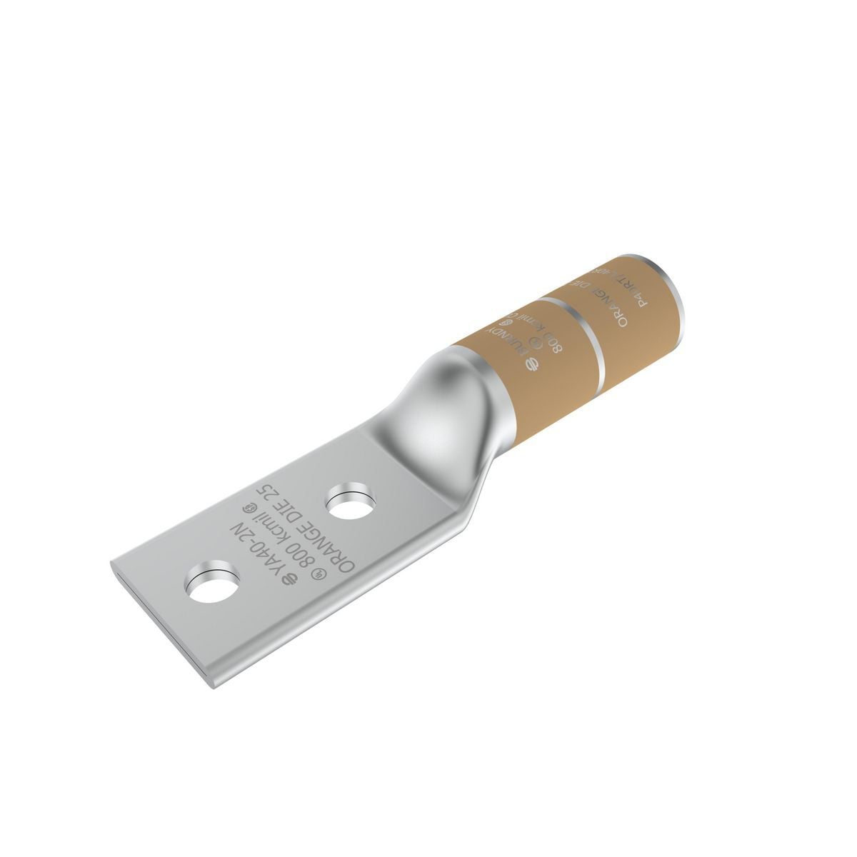 800 kcmil CU, Two Hole, 1/2 Stud Size, 1-3/4 Hole Spacing, Long Barrel Internal Chamfer, Tin Plated, UL/CSA, 90?C, Up to 35kV, Orange Color Code, 25 Die Index.