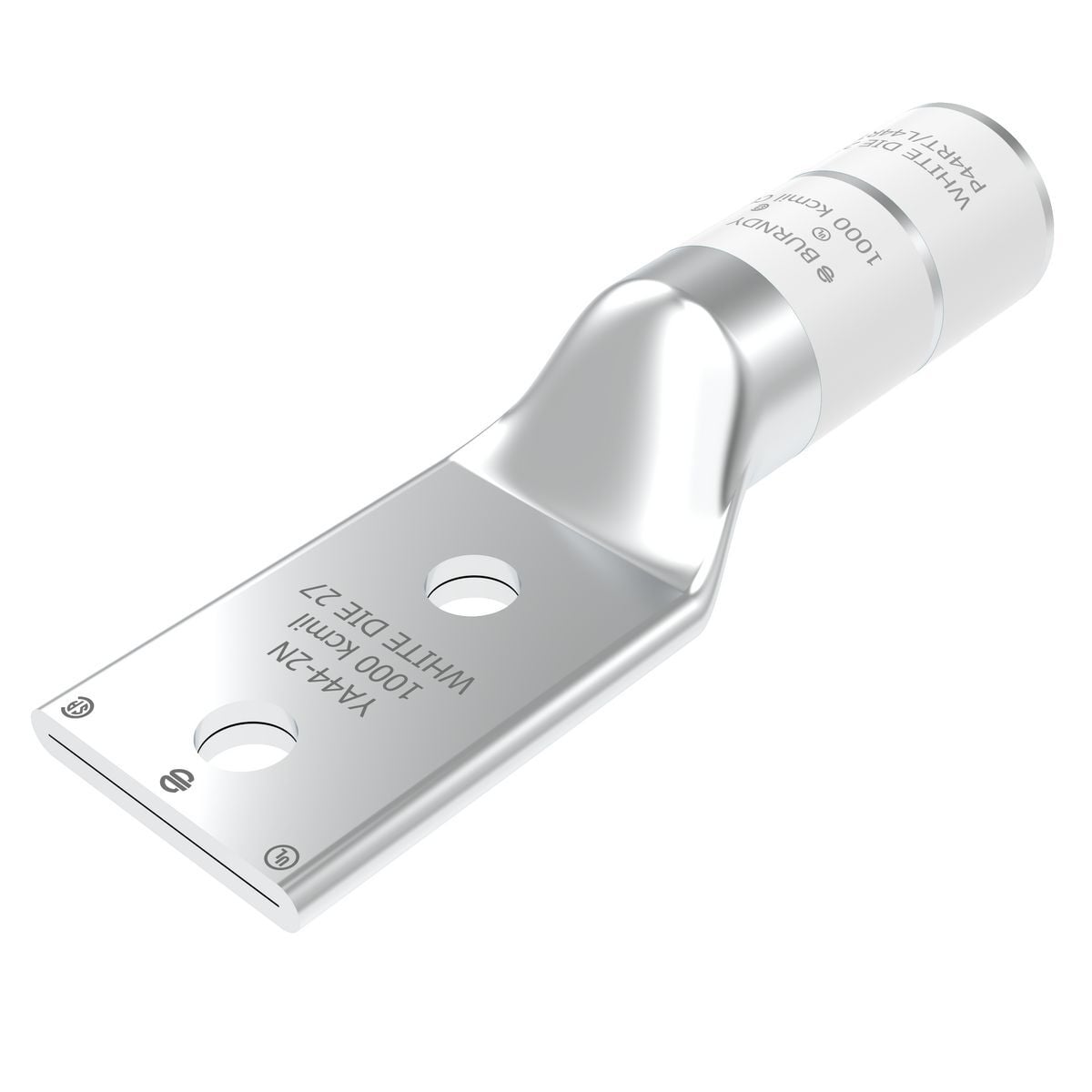 1000 kcmil CU, Two Hole, 1/2 Stud Size, 1-3/4 Hole Spacing, Long Barrel Internal Chamfer, Tin Plated, UL/CSA, 90?C, Up to 35kV, White Color Code, 27 Die Index.