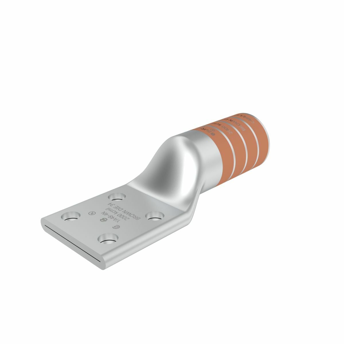 Copper Compression Lug, 4 Hole w/o Inspection Window, 2000 kcmil, 1/2" Stud, 1-3/4" Stud Hole Spacing, Long Barrel, Tin Plated.