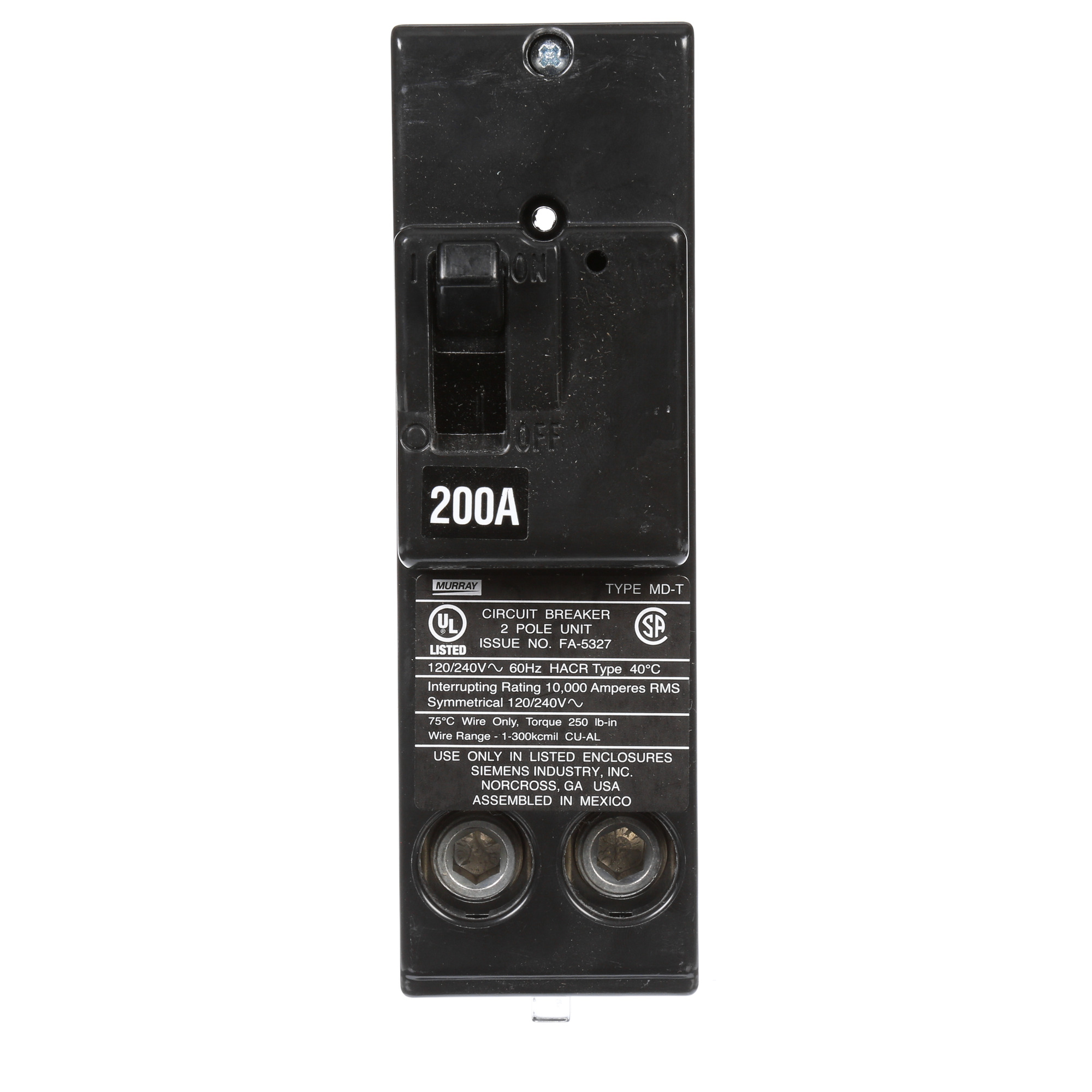 Low Voltage Residential Circuit Breakers Main Breakers - Branch Main Breakers Non-reversible are Circuit Protection Load Center Mains, Feeders, and Miniature Circuit Breakers. Type MD-T Voltage Rating 120/240 Amperage Rating 200 Interrupt Rating 10 Number Of Poles 2