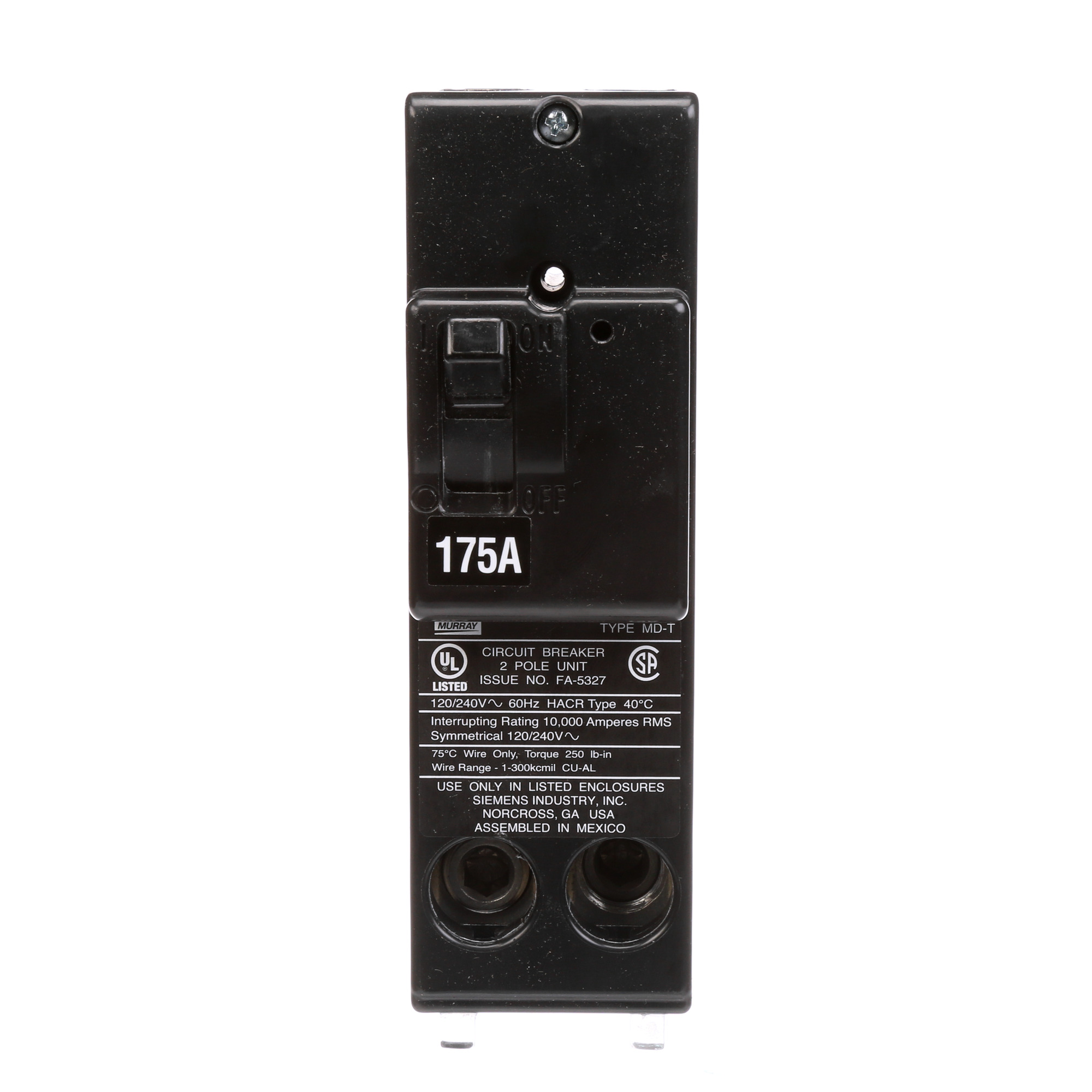  Low Voltage Residential Circuit Breakers Main Breakers - Branch Main Breakers Non-reversible are Circuit Protection Load Center Mains, Feeders, and Miniature Circuit Breakers. Type MD-T Voltage Rating 120/240 Amperage Rating 175 Interrupt Rating 10 Number Of Poles 2