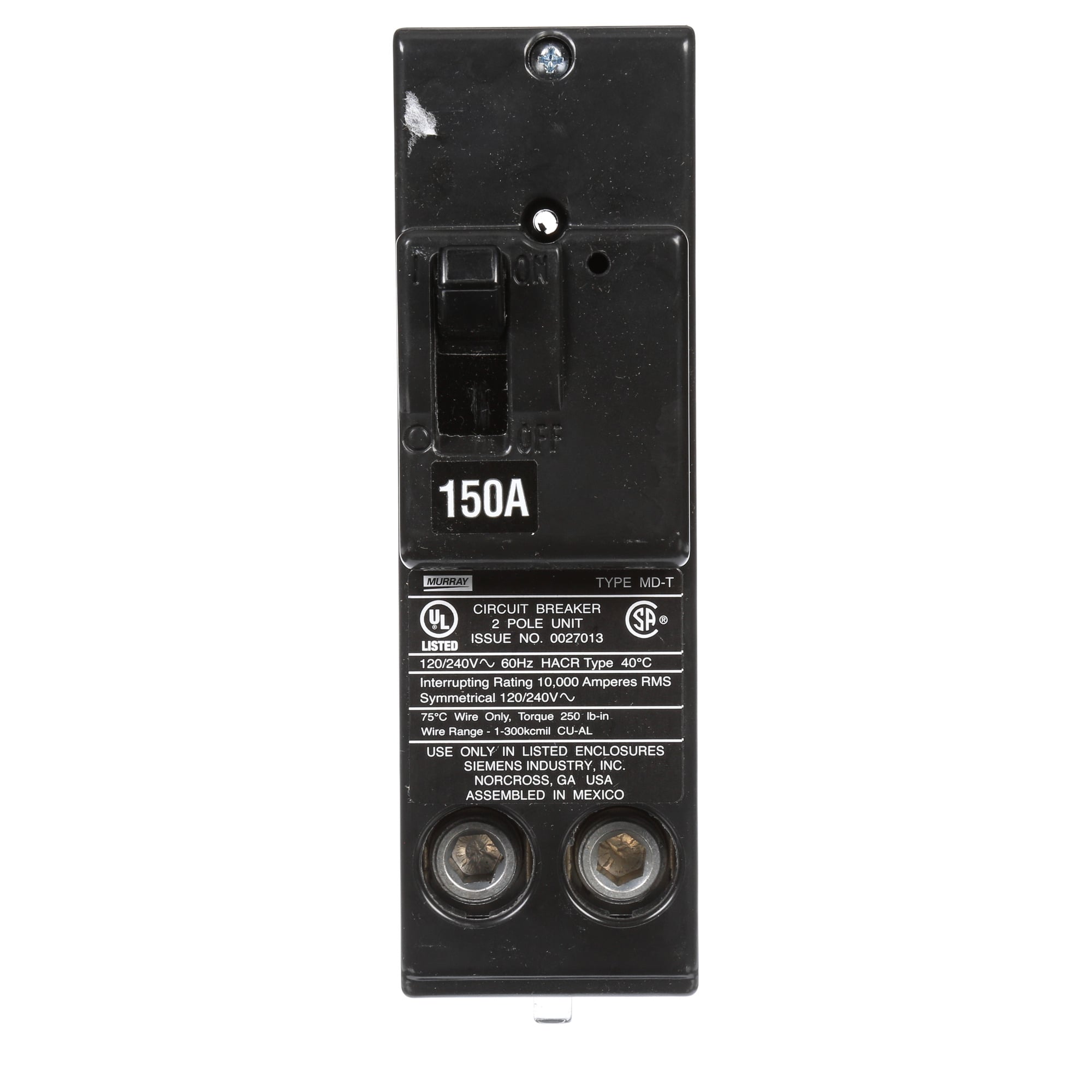  Low Voltage Residential Circuit Breakers Main Breakers - Branch Main Breakers Non-reversible are Circuit Protection Load Center Mains, Feeders, and Miniature Circuit Breakers. Type MD-T Voltage Rating 120/240 Amperage Rating 150 Interrupt Rating 10 Number Of Poles 2