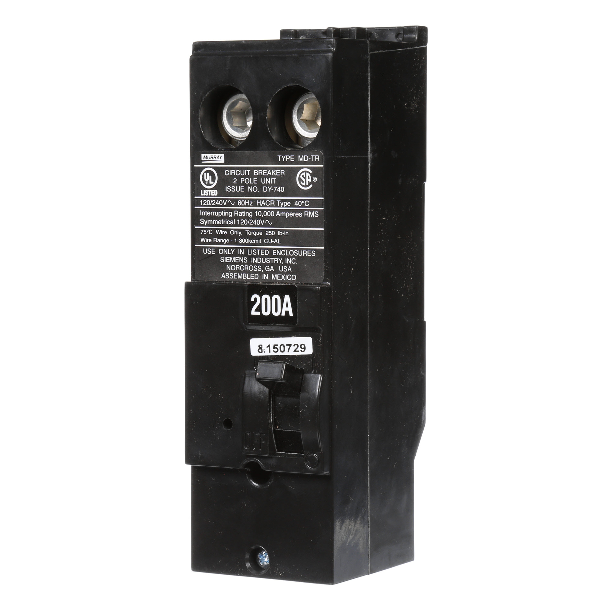  Low Voltage Residential Circuit Breakers Main Breakers - Branch Main Breaker Reversible are Circuit Protection Load Center Mains, Feeders, and Miniature Circuit Breakers. Type MD-T Voltage Rating 120/240 Amperage Rating 200 Interrupt Rating 22 Number Of Poles 2