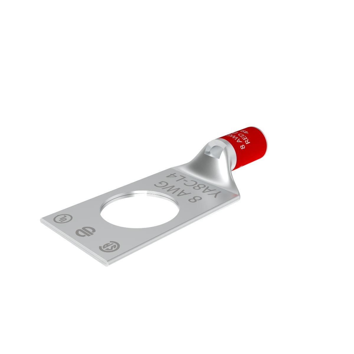 8 AWG CU, One Hole, 1/2 Stud Size, Standard Barrel, Inspection Window, Internal Chamfer, Tin Plated, UL/CSA 90? Up to 35kV, RED Color Code, 49 Die Index.