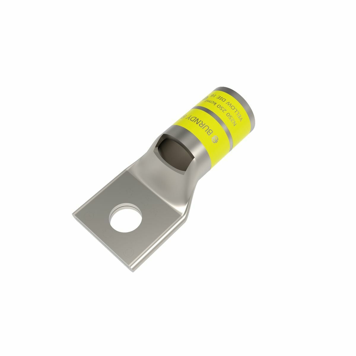 250 kcmil CU, One Hole, 3/8 Stud Size, Standard Barrel, Inspection Window, Internal Chamfer, Tin Plated, UL/CSA 90? Up to 35kV, YELLOW Color Code, 16 Die Index.