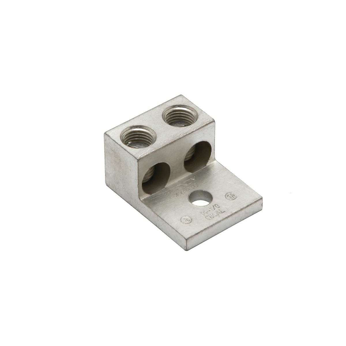 Aluminum Universal Terminal, 2 Conductor, 1 Hole, 14-1/0 AWG (Str), 1/4" Stud, 2 Screws, Al/Cu Rated, Tin Plated.