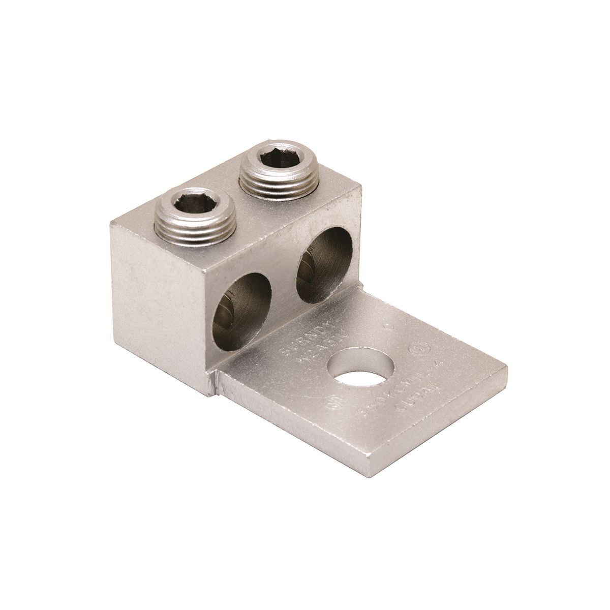 Aluminum Universal Terminal, 2 Conductor, 1 Hole, 6 AWG (Str)-350 kcmil, 1/2" Stud, 2 Screws, Al/Cu Rated, Tin Plated.