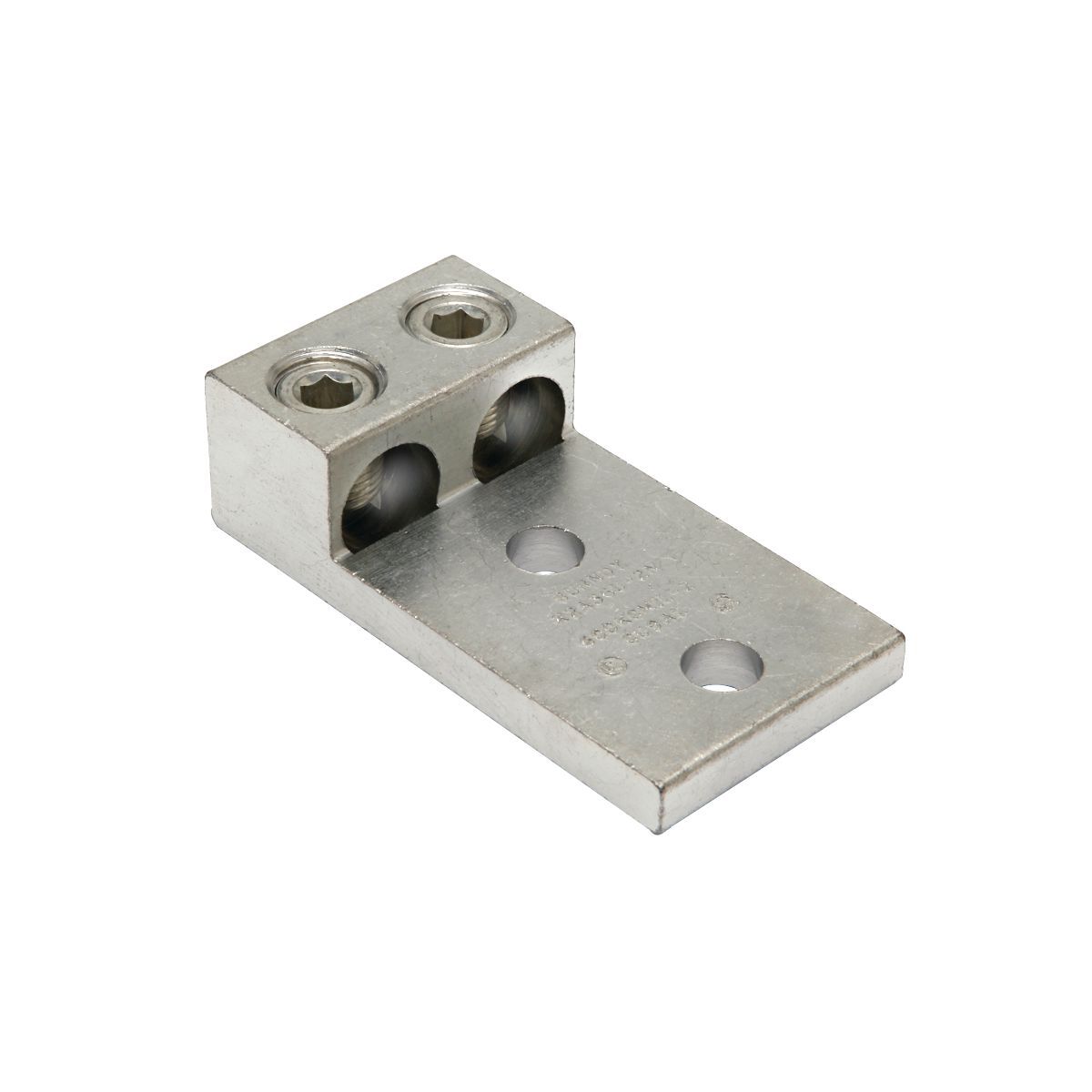 Aluminum Universal Terminal, 2 Conductor, 2 Hole, 2 AWG (Str)-600 kcmil, 1/2" Stud, 1.75" Stud Hole Spacing, 2 Screws, Al/Cu Rated, Tin Plated.