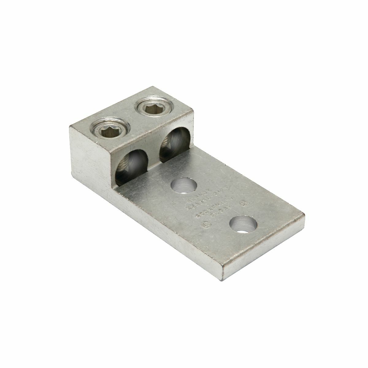 Aluminum Universal Terminal, 2 Conductor, 2 Hole, 300-800 kcmil, 1/2" Stud, 1.75" Stud Hole Spacing, 2 Screws, Al/Cu Rated, Tin Plated.