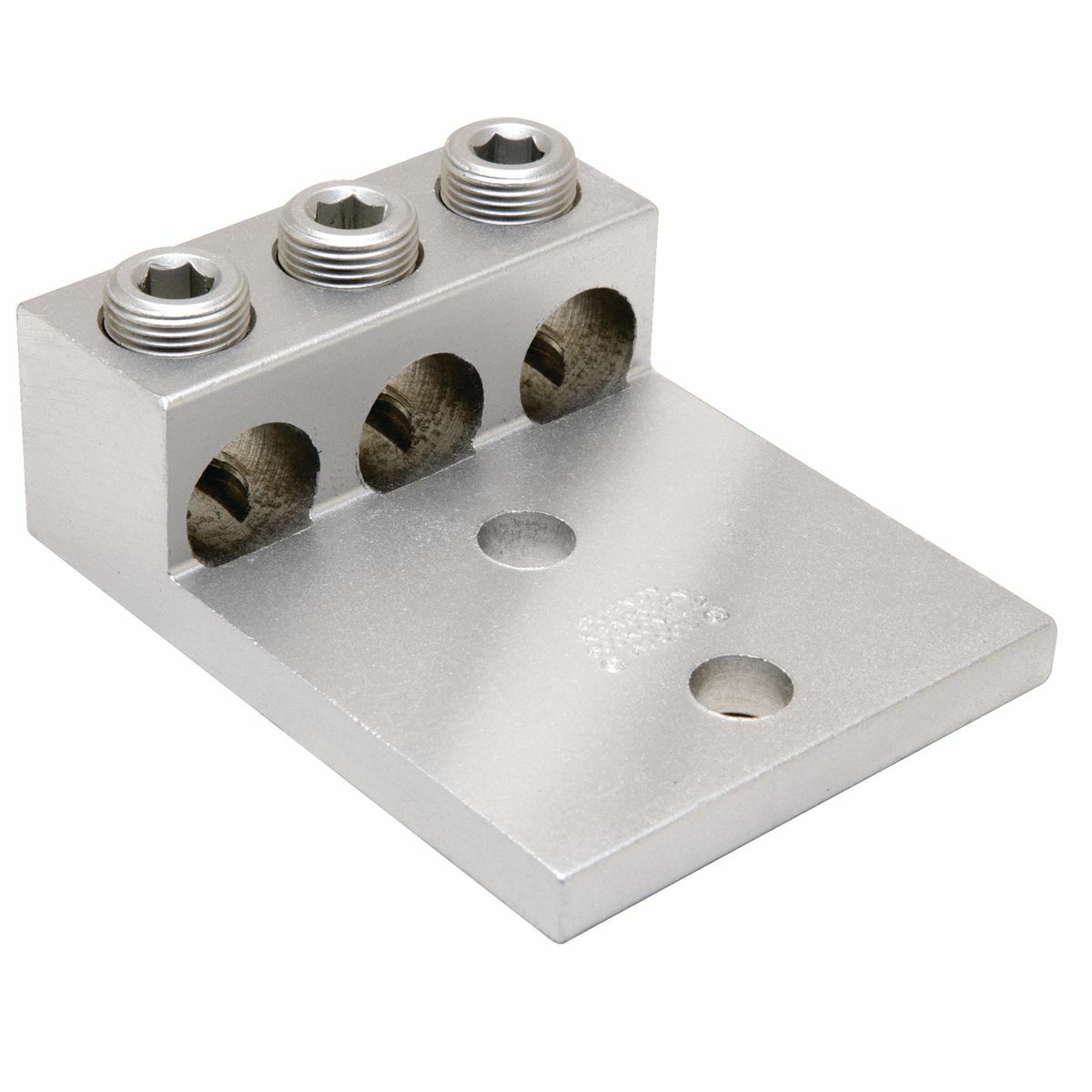 Aluminum Universal Terminal, 3 Conductor, 2 Hole, 6 AWG (Str)-250 kcmil, 1/2" Stud, 1.75" Stud Hole Spacing, 3 Screws, Al/Cu Rated, Tin Plated.
