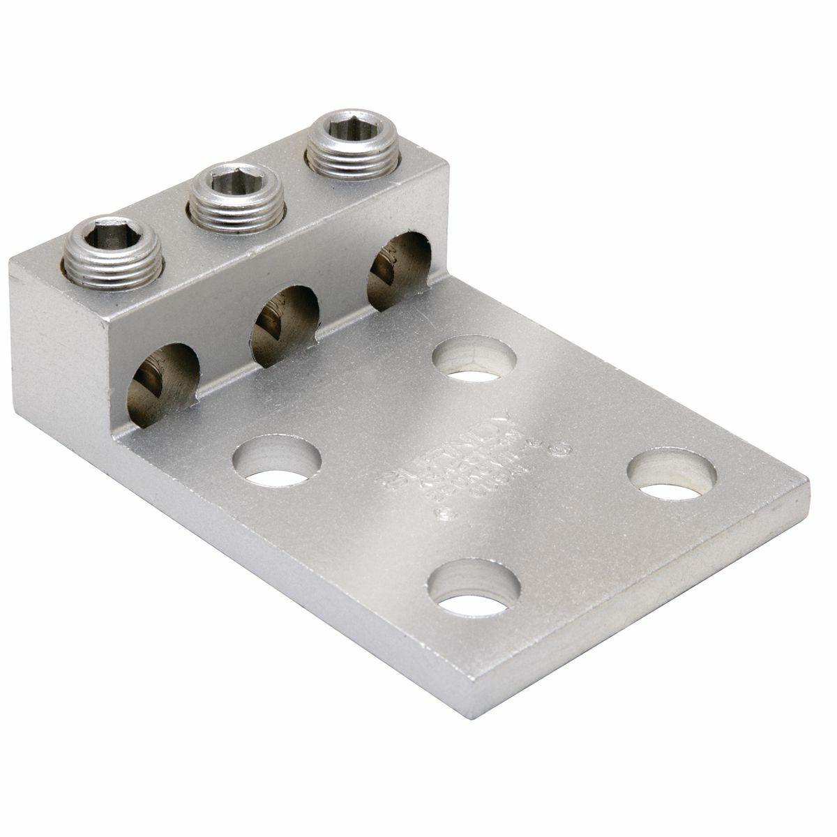 Aluminum Universal Terminal, 3 Conductor, 4 Hole, 6 AWG (Str)-350 kcmil, 1/2" Stud, 1.75" Stud Hole Spacing, 3 Screws, Al/Cu Rated, Tin Plated.