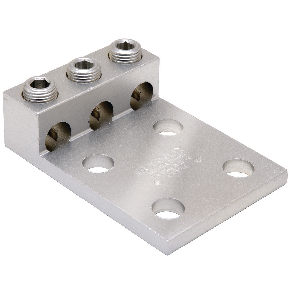 Aluminum Universal Terminal, 3 Conductor, 4 Hole, 2 AWG (Str)-600 kcmil, 1/2" Stud, 1.75" Stud Hole Spacing, 3 Screws, Al/Cu Rated, Tin Plated.