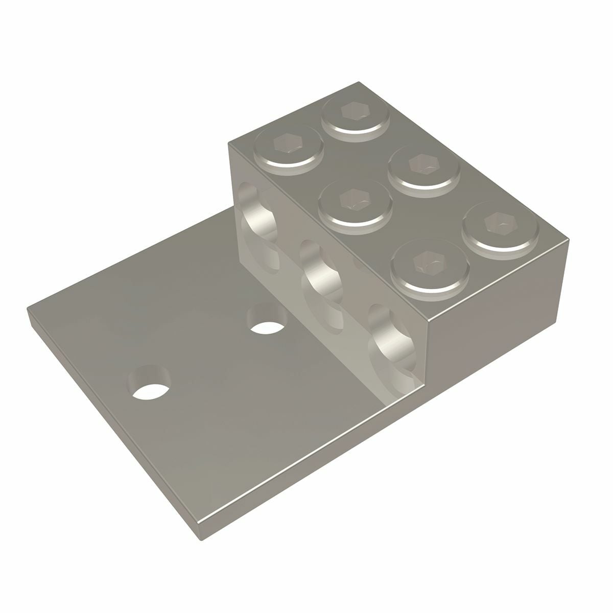 Aluminum Universal Terminal, 3 Conductor, 2 Hole, 2 AWG (Str)-600 kcmil, 1/2" Stud, 1.75" Stud Hole Spacing, 6 Screws, Al/Cu Rated, Tin Plated.