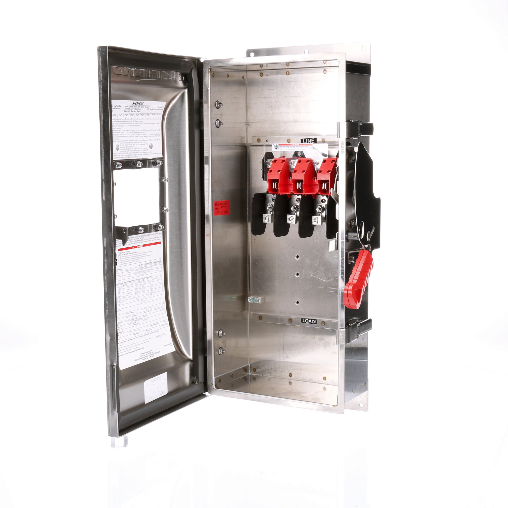  Low Voltage Circuit Protection Heavy Duty Safety Switch. 3-Pole Non-Fused in a type 4/4X 304 grade Stainless Steel enclosure. Rated 600VAC (100A). Special features viewing window.