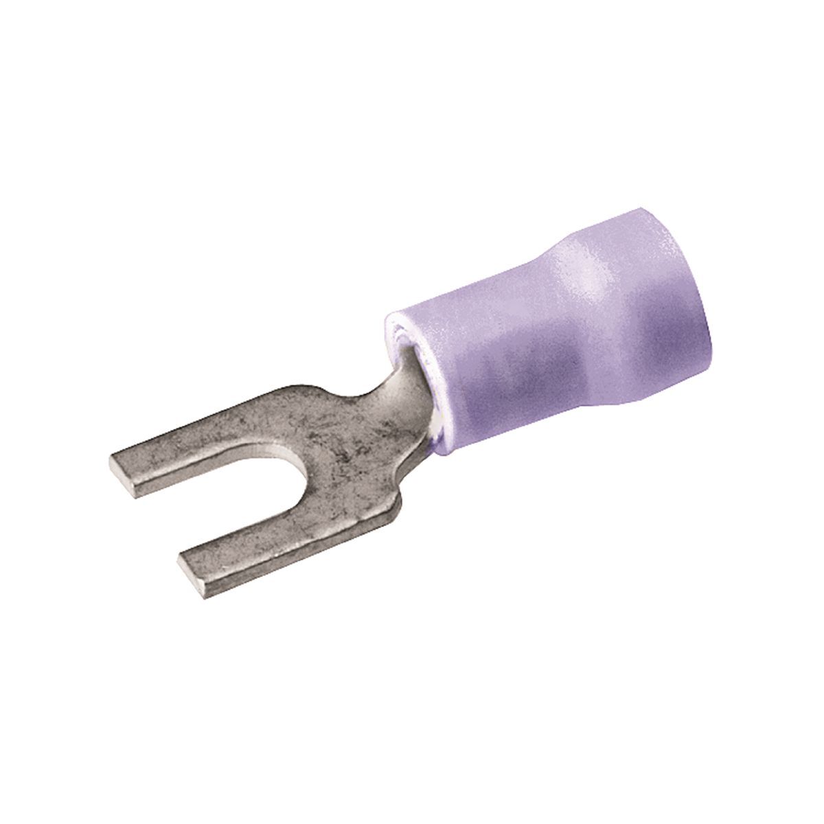 Insulated Brazed Fork Terminal, Insulated Brazed Fork Terminal, Smooth Entry, #16-#14, 600V, #3-#6 Stud, Vinyl Insulated, Tin Plated.