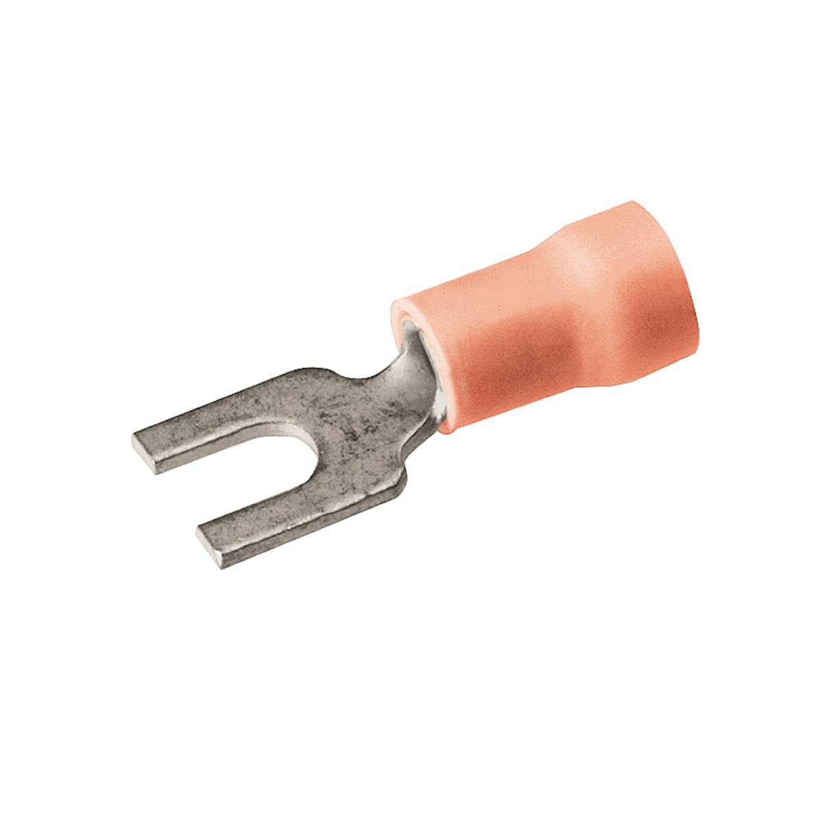 Copper Terminal, Fork Tongue, 22-16 AWG, #4-#6 Stud, Vinyl Insulated, Tin Plated.