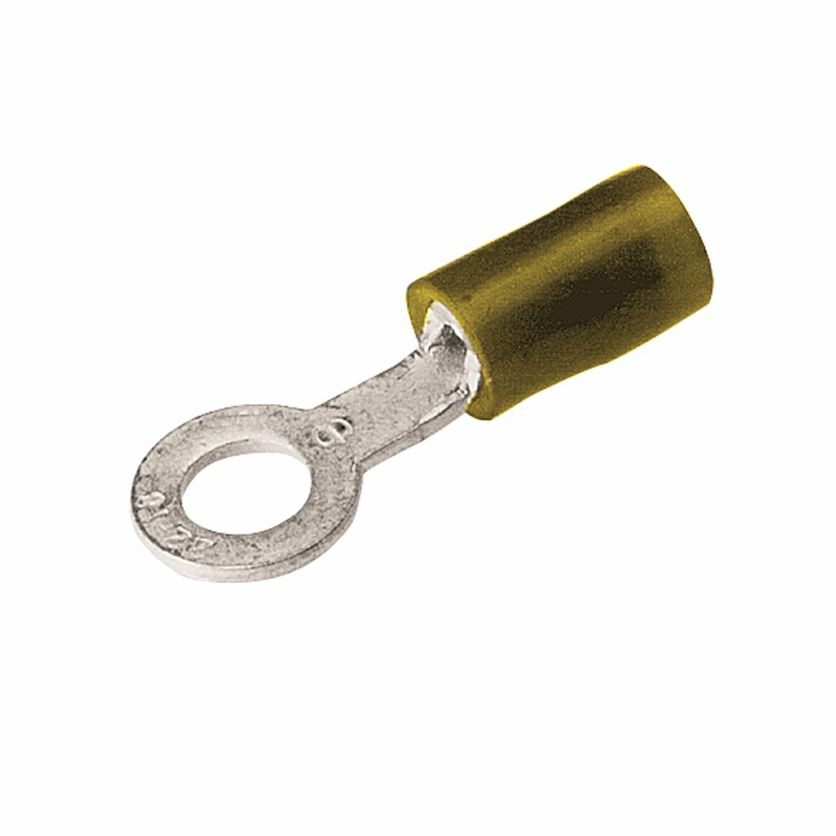 Copper Terminal, Ring Tongue, 12-10 AWG, #12,1/4" Stud, 600 Volts Max., Nylon Insulated, Funnel Entry, Tin Plated.