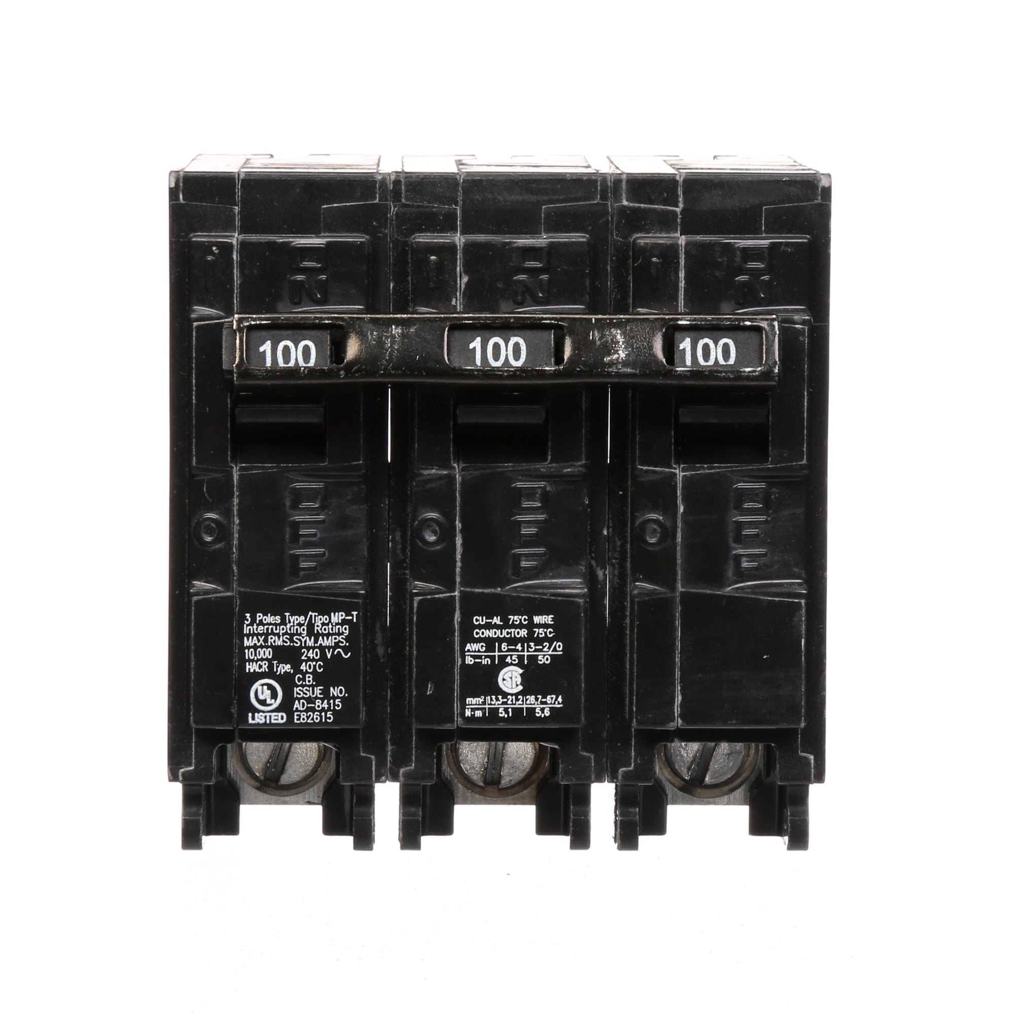  Low Voltage Residential Circuit Breakers Miniature Thermal Mag Circuit Breakers - Type QP/MP, 3-Pole, 240VAC are Circuit Protection Load Center Mains, Feeders, and Miniature Circuit Breakers. Type MP-T Application For Use In 100 AMP, 3-Phase Output WML Meter Stacks Only Standard HACR Rated Voltage Rating 240 Amperage Rating 100 Interrupt Rating 10 Number Of Poles 3 Operating Temperature 40
