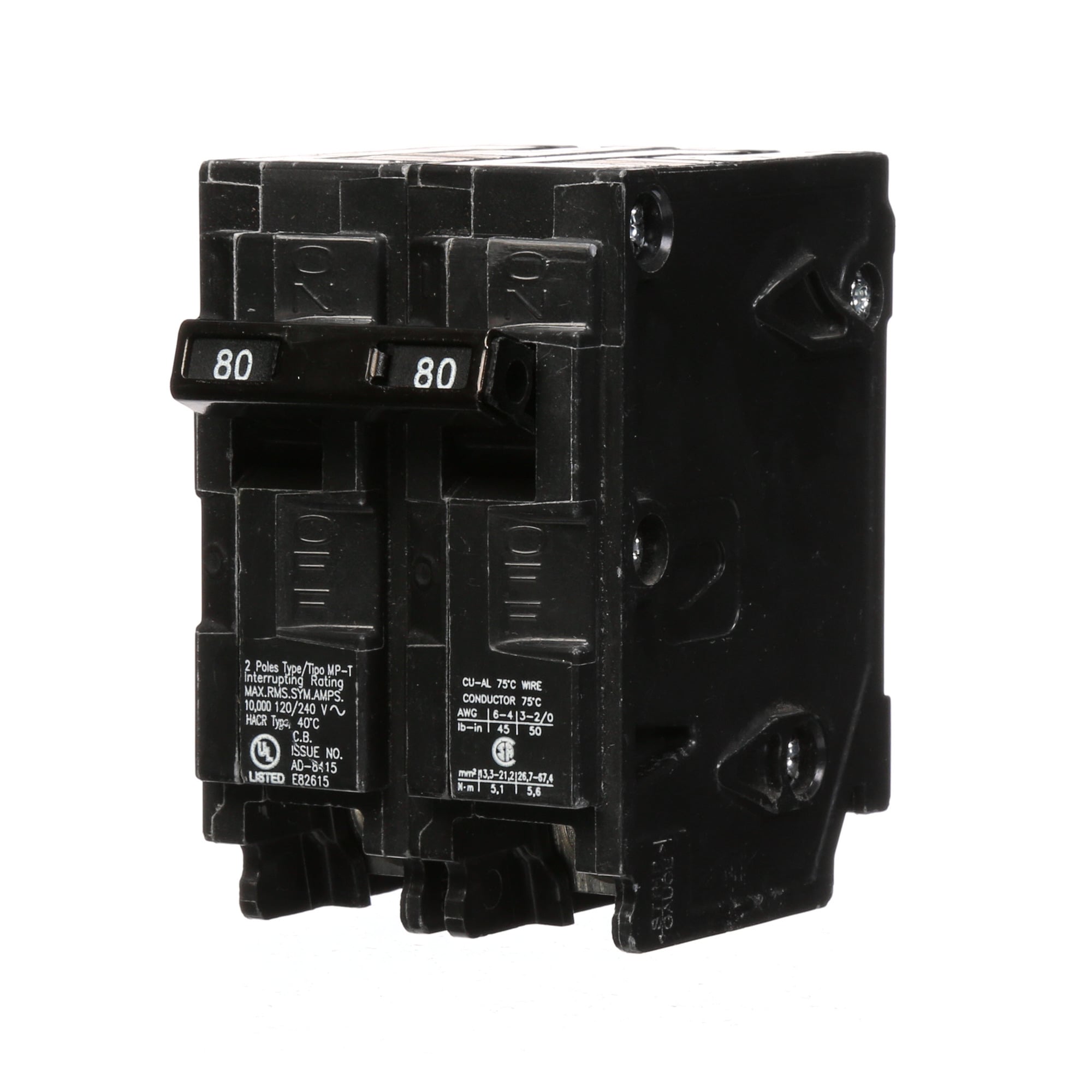  Low Voltage Residential Circuit Breakers Miniature Thermal Mag Circuit Breakers - Type QP/MP, 2-Pole, 120/240VAC are Circuit Protection Load Center Mains, Feeders, and Miniature Circuit Breakers. Type MP-T Application For Use In 125 AMP And 225 AMP Single Phase Output WMM, WML, WMT meter stacks Standard HACR Rated Voltage Rating 120/240 Amperage Rating 80 Interrupt Rating 10 Number Of Poles 2 Operating Temperature 40