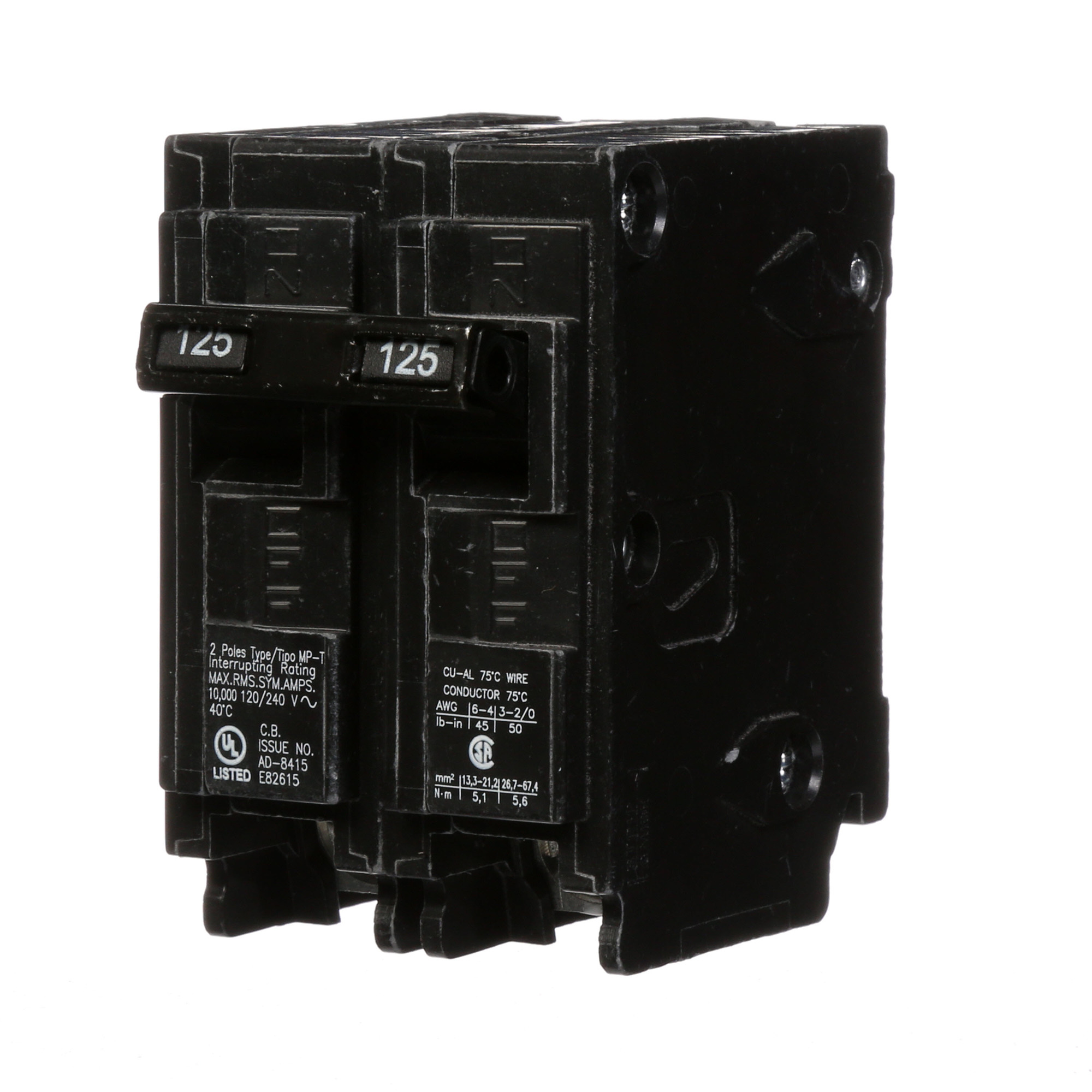  Low Voltage Residential Circuit Breakers Miniature Thermal Mag Circuit Breakers - Type QP/MP, 2-Pole, 120/240VAC are Circuit Protection Load Center Mains, Feeders, and Miniature Circuit Breakers. Type MP-T Application For Use In 125 AMP And 225 AMP Single Phase Output WMM, WML, WMT meter stacks Standard HACR Rated Voltage Rating 120/240 Amperage Rating 125 Interrupt Rating 10 Number Of Poles 2 Operating Temperature 40