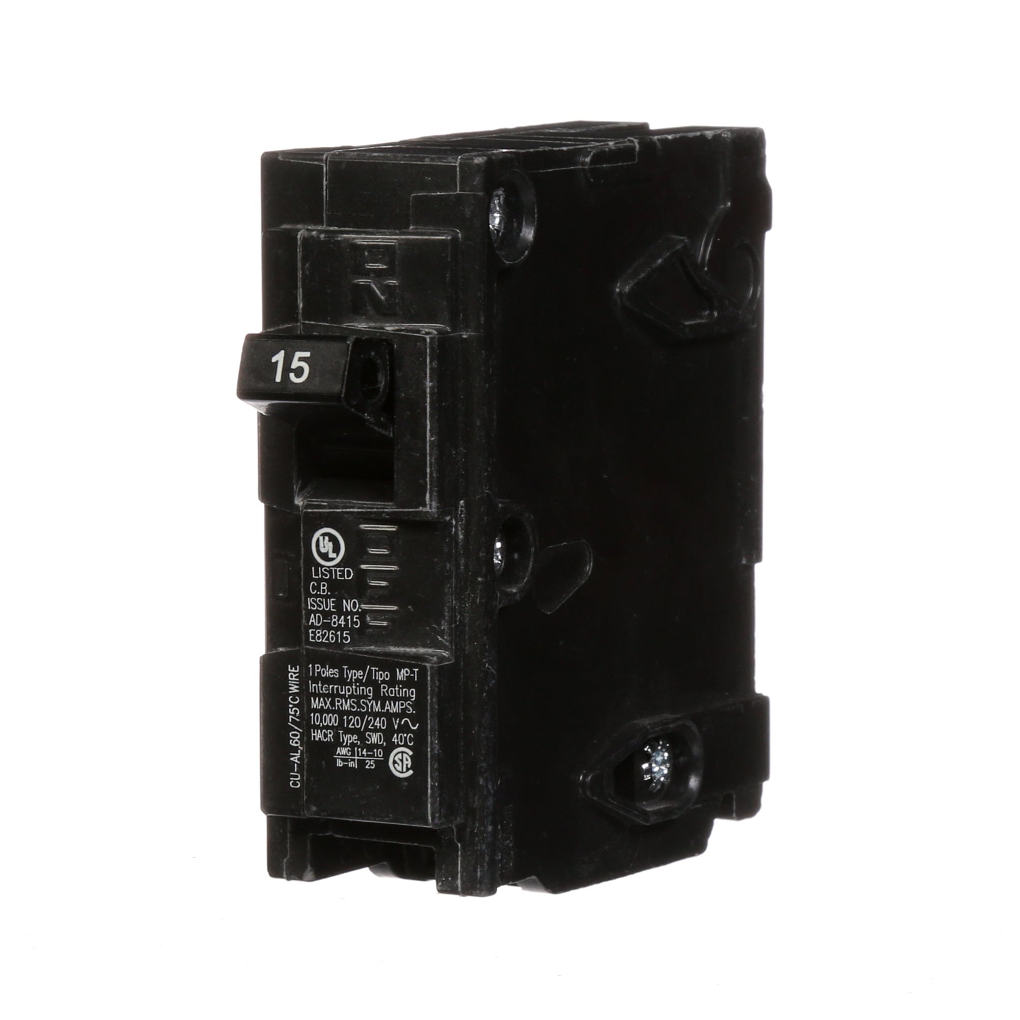  Low Voltage Residential Circuit Breakers Miniature Thermal Mag Circuit Breakers - Type QP/MP 1-pole 10k are Circuit Protection Load Center Mains, Feeders, and Miniature Circuit Breakers. Type MP-T Standard HACR Rated Voltage Rating120 Amperage Rating 15 Interrupt Rating 10 Number Of Poles 1 Operating Temperature 40