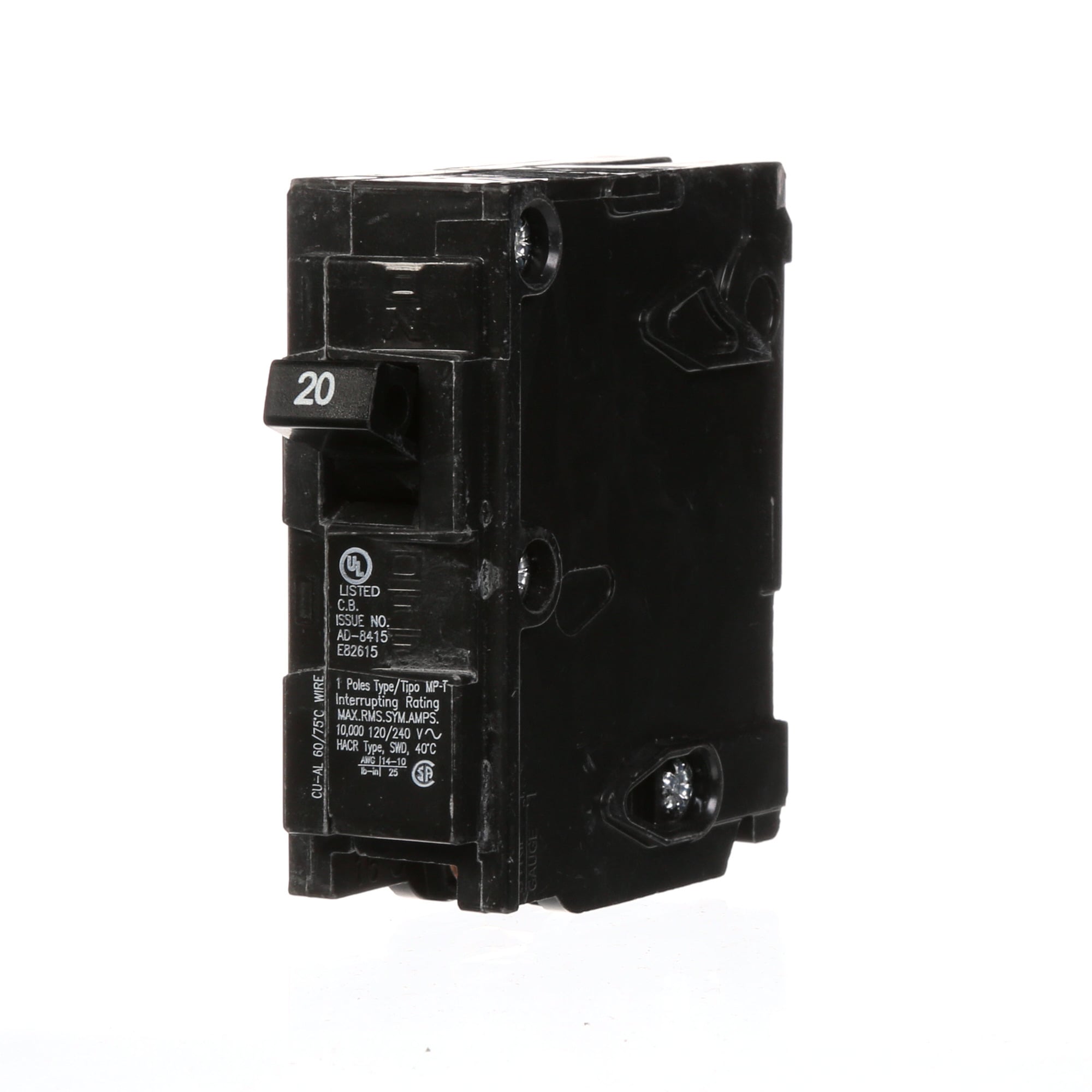  Low Voltage Residential Circuit Breakers Miniature Thermal Mag Circuit Breakers - Type QP/MP 1-pole 10k are Circuit Protection Load Center Mains, Feeders, and Miniature Circuit Breakers. Type MP-T Standard UL Listed, HACR Rated Voltage Rating 120 Amperage Rating 20 Interrupt Rating 10 Number Of Poles 1 Operating Temperature 40