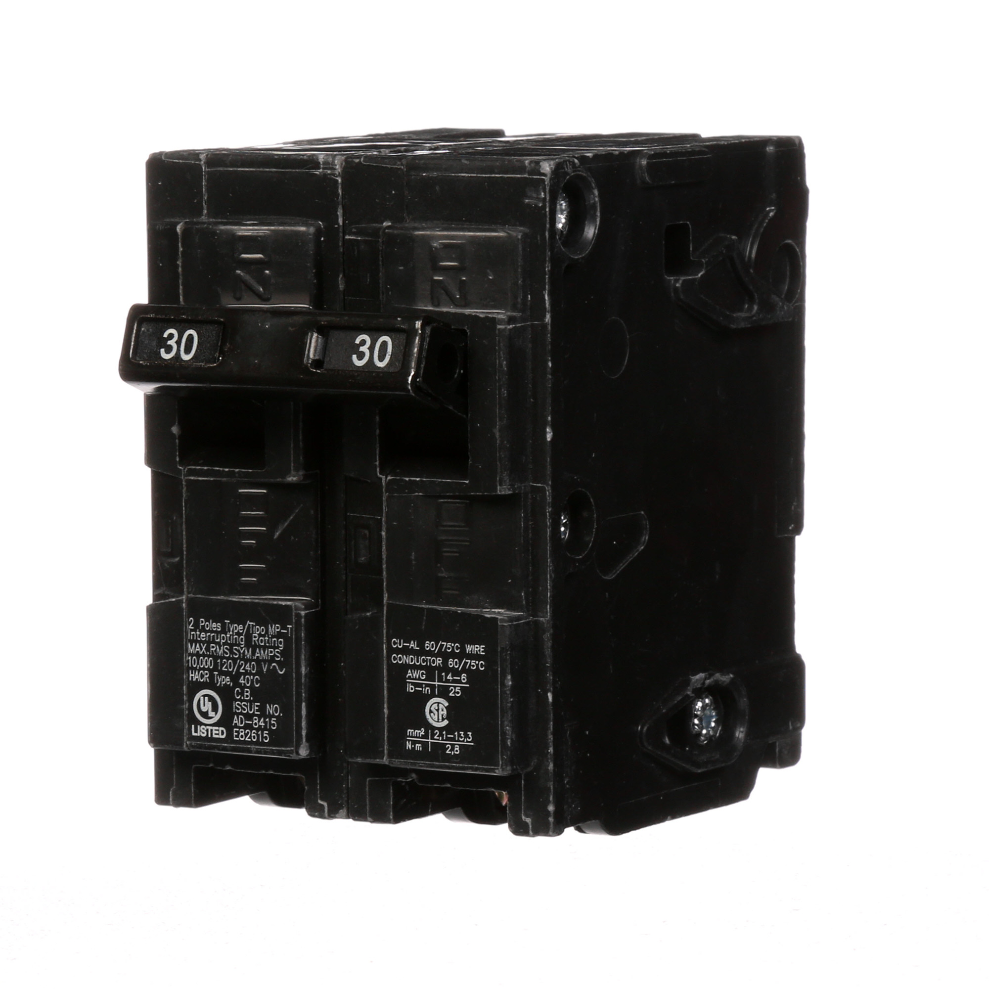  Low Voltage Residential Circuit Breakers Miniature Thermal Mag Circuit Breakers - Type QP/MP, 2-Pole, 120/240VAC are Circuit Protection Load Center Mains, Feeders, and Miniature Circuit Breakers. Type MP-T Standard HACR Rated Voltage Rating 120/240 Amperage Rating 30 Interrupt Rating 10 Number Of Poles 2 Operating Temperature 40