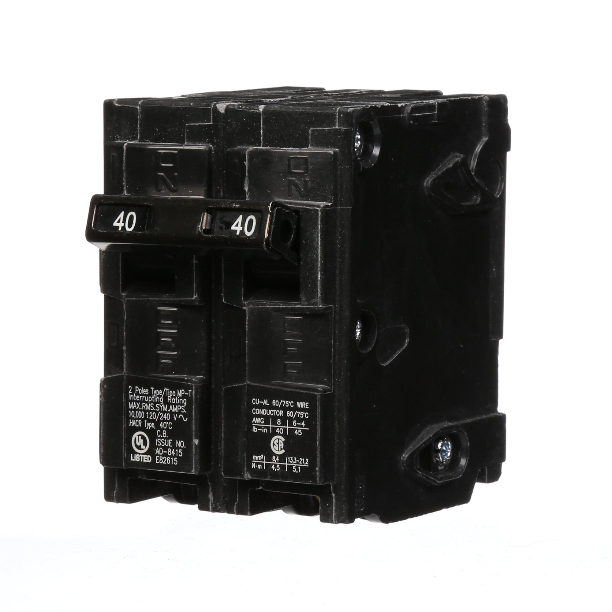  Low Voltage Residential Circuit Breakers Miniature Thermal Mag Circuit Breakers - Type QP/MP, 2-Pole, 120/240VAC are Circuit Protection Load Center Mains, Feeders, and Miniature Circuit Breakers. Type MP-T Standard HACR Rated Voltage Rating 120/240 Amperage Rating 40 Interrupt Rating 10 Number Of Poles 2 Operating Temperature 40