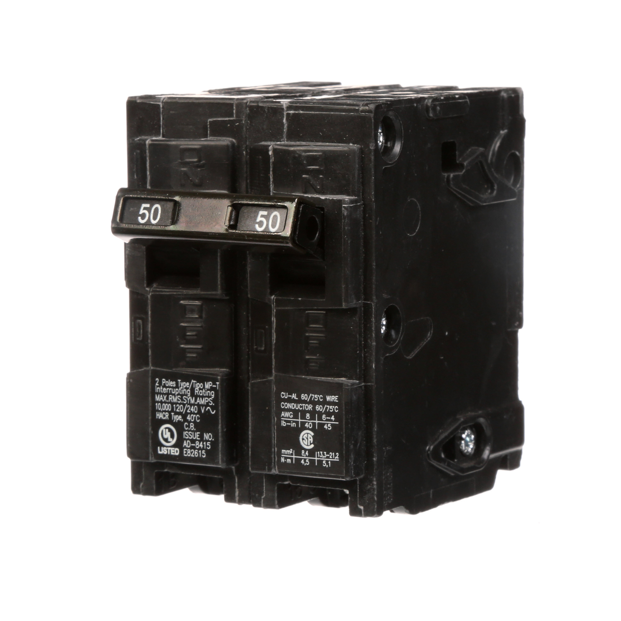  Low Voltage Residential Circuit Breakers Miniature Thermal Mag Circuit Breakers - Type QP/MP, 2-Pole, 120/240VAC are Circuit Protection Load Center Mains, Feeders, and Miniature Circuit Breakers. Type MP-T Standard HACR Rated Voltage Rating 120/240 Amperage Rating 50 Interrupt Rating 10 Number Of Poles 2 Operating Temperature 40