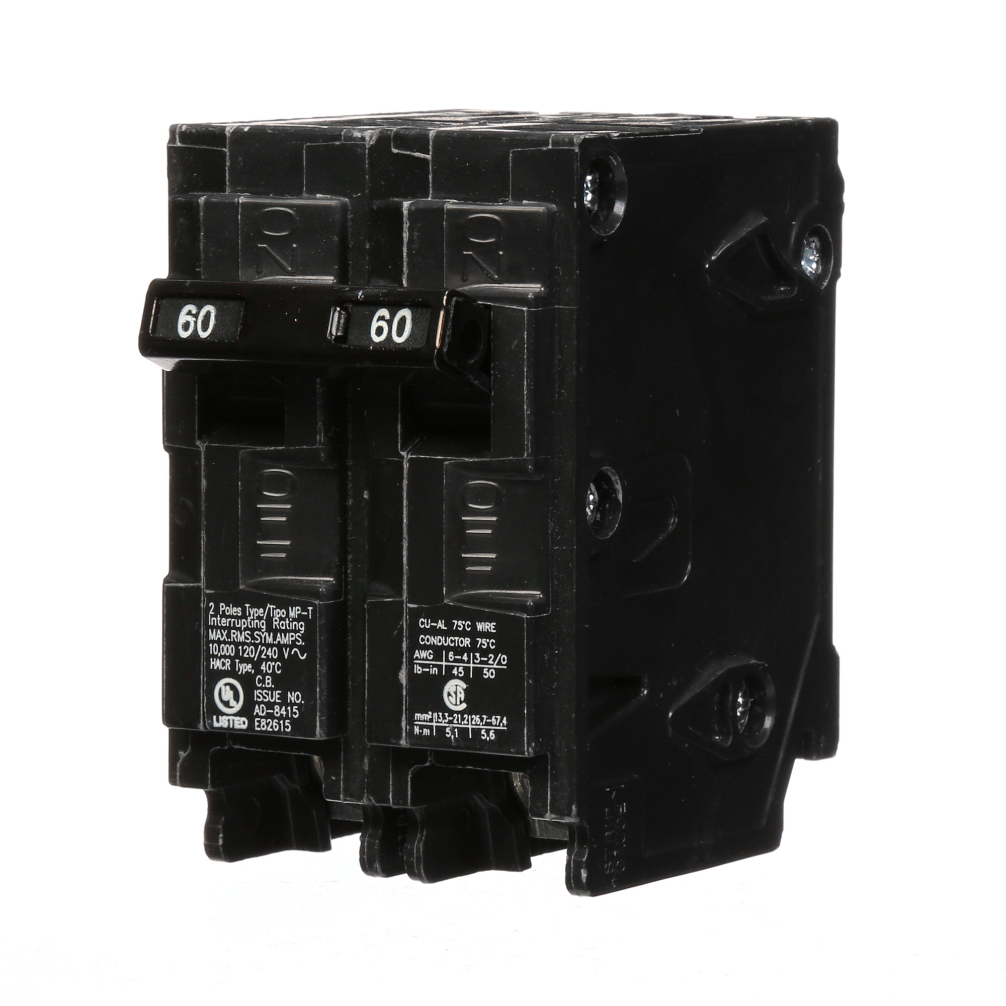  Low Voltage Residential Circuit Breakers Miniature Thermal Mag Circuit Breakers - Type QP/MP, 2-Pole, 120/240VAC are Circuit Protection Load Center Mains, Feeders, and Miniature Circuit Breakers. Type MP-T Application For Use In 125 AMP And 225 AMP Single Phase Output WMM, WML, WMT meter stacks Standard HACR Rated Voltage Rating 120/240 Amperage Rating 60 Interrupt Rating 10 Number Of Poles 2 Operating Temperature 40