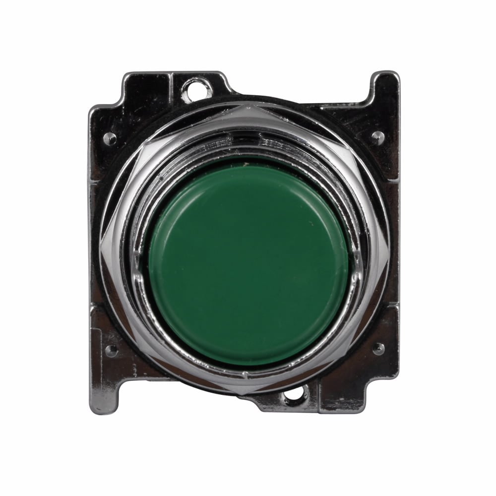 10250T, 30.5 mm, Heavy-Duty, NEMA 3, 3R, 4, 4X, 12, 13, Non-illuminated, Momentary, Half shrouded, Green actuator, Vertical, Chrome bezel, Plastic actuator