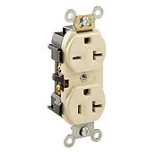 20 Amp, 125/250 Volt, NEMA 5-20R_6-20R, 2P, 3W, Narrow Body Duplex Receptacle, Straight Blade, Commercial Grade, Self Grounding, Dual Voltage, , Back & Side Wired, Steel Strap, - Ivory