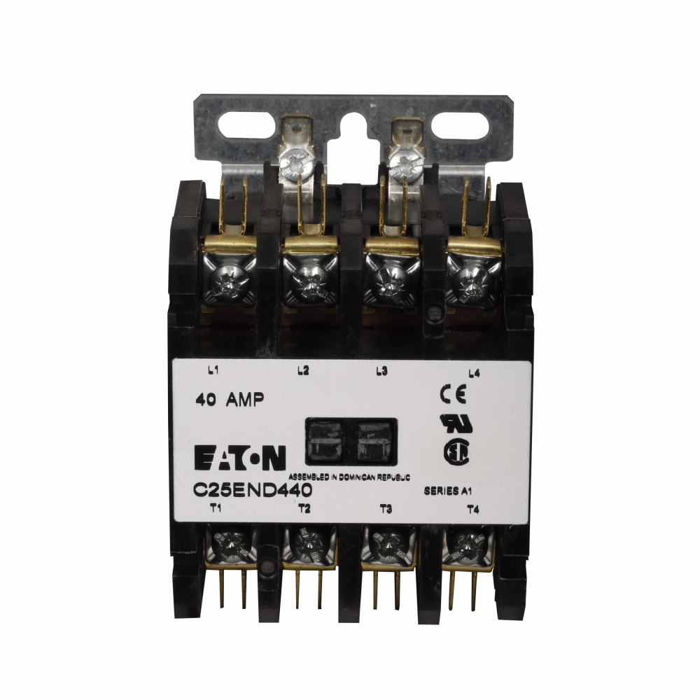 Eaton definite purpose contactor, Quick, 60A, 24 Vac, 50/60 Hz, Open with metal mounting plate, 15-50A, two- and three-pole, 60A, Contactor, Two-pole, 75A, Box lugs (posidrive setscrew) and quick connect terminals , Non-reversing