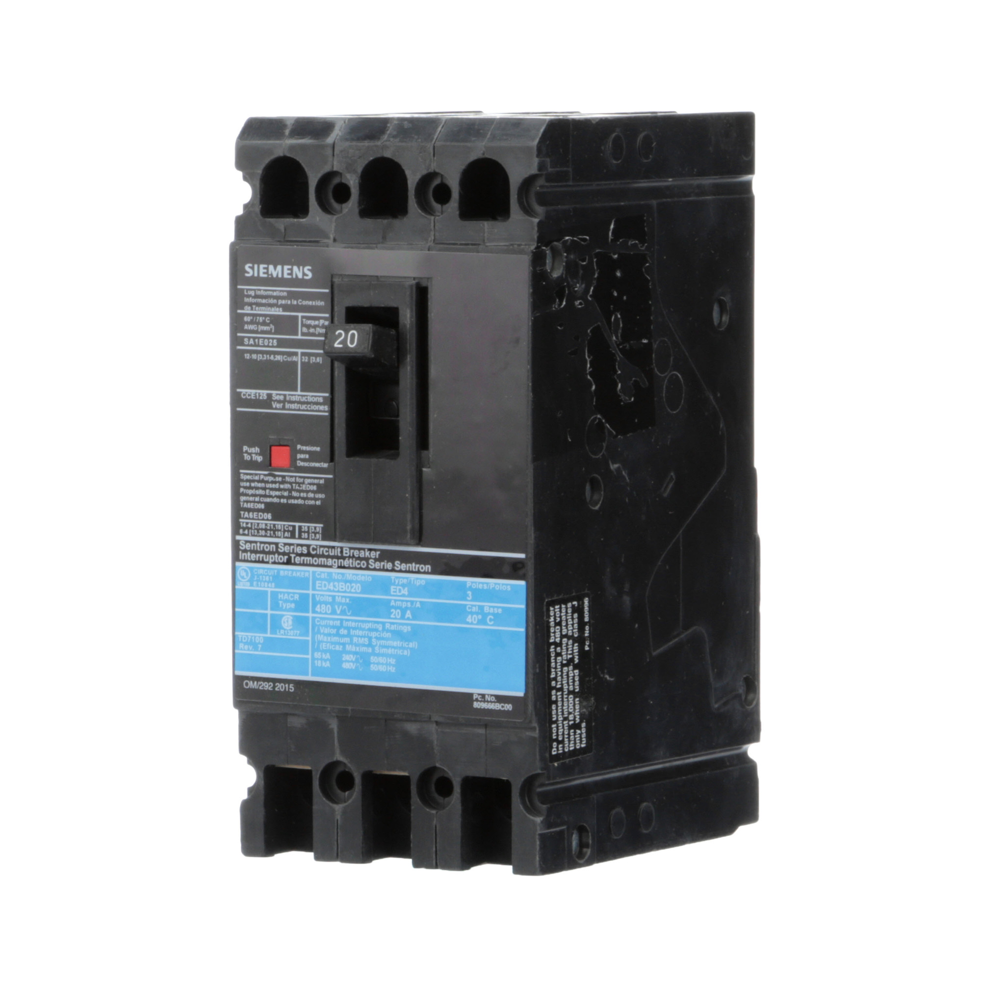  LOW VOLTAGE SENTRON MOLDED CASE CIRCUIT BREAKER WITH THERMAL - MAGNETICTRIP UNIT. STANDARD 40 DEG C BREAKER ED FRAME WITH STANDARD BREAKING CAPACITY. 20A 3-POLE (18KAIC AT 480V). NON-INTERCHANGEABLE TRIP UNIT. SPECIAL FEATURES LINE AND LOAD SIDE LUGS (SA1E025) WIRE RANGE 14 - 10AWG (CU) / 12 - 10AWG (AL). DIMENSIONS (W x H x D) IN 3.00 x 6.4 x 3.92.