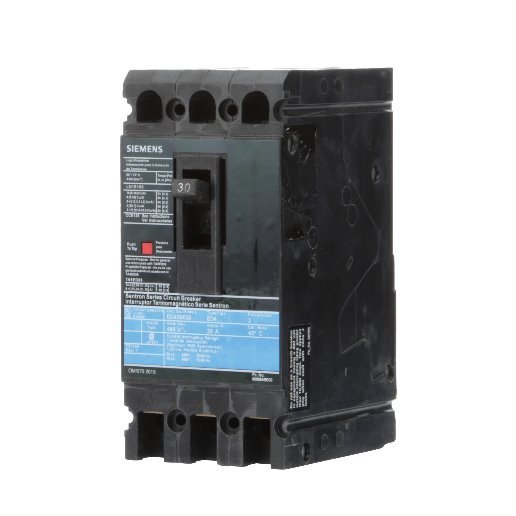  LOW VOLTAGE SENTRON MOLDED CASE CIRCUIT BREAKER WITH THERMAL - MAGNETICTRIP UNIT. STANDARD 40 DEG C BREAKER ED FRAME WITH STANDARD BREAKING CAPACITY. 30A 3-POLE (18KAIC AT 480V). NON-INTERCHANGEABLE TRIP UNIT. SPECIAL FEATURES LINE AND LOAD SIDE LUGS (LN1E100) WIRE RANGE 10 - 1/0AWG (CU/AL). DIMENSIONS (W x Hx D) IN 3.00 x 6.4 x 3.92.