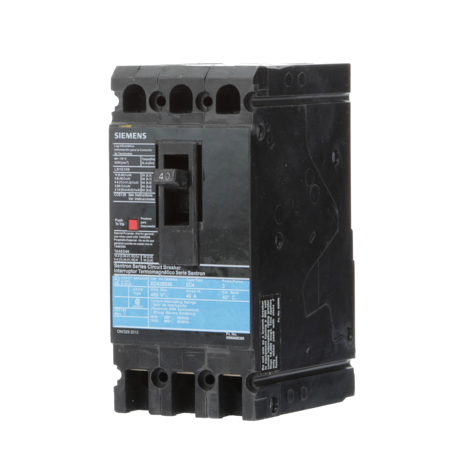  LOW VOLTAGE SENTRON MOLDED CASE CIRCUIT BREAKER WITH THERMAL - MAGNETICTRIP UNIT. STANDARD 40 DEG C BREAKER ED FRAME WITH STANDARD BREAKING CAPACITY. 40A 3-POLE (18KAIC AT 480V). NON-INTERCHANGEABLE TRIP UNIT. SPECIAL FEATURES LINE AND LOAD SIDE LUGS (LN1E100) WIRE RANGE 10 - 1/0AWG (CU/AL). DIMENSIONS (W x Hx D) IN 3.00 x 6.4 x 3.92.