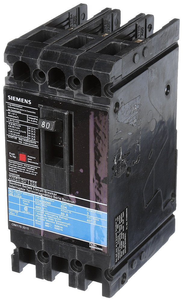  LOW VOLTAGE SENTRON MOLDED CASE CIRCUIT BREAKER WITH THERMAL - MAGNETICTRIP UNIT. STANDARD 40 DEG C BREAKER ED FRAME WITH STANDARD BREAKING CAPACITY. 80A 3-POLE (18KAIC AT 480V). NON-INTERCHANGEABLE TRIP UNIT. SPECIAL FEATURES LINE AND LOAD SIDE LUGS (LN1E100) WIRE RANGE 10 - 1/0AWG (CU/AL). DIMENSIONS (W x Hx D) IN 3.00 x 6.4 x 3.92.