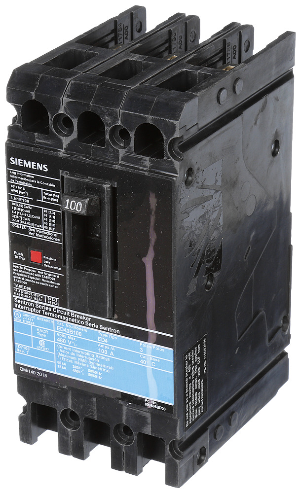  LOW VOLTAGE SENTRON MOLDED CASE CIRCUIT BREAKER WITH THERMAL - MAGNETICTRIP UNIT. STANDARD 40 DEG C BREAKER ED FRAME WITH STANDARD BREAKING CAPACITY. 100A 3-POLE (18KAIC AT 480V). NON-INTERCHANGEABLE TRIP UNIT. SPECIAL FEATURES LINE AND LOAD SIDE LUGS (LN1E100) WIRE RANGE 10 - 1/0AWG (CU/AL). DIMENSIONS (W x H x D) IN 3.00 x 6.4 x 3.92.