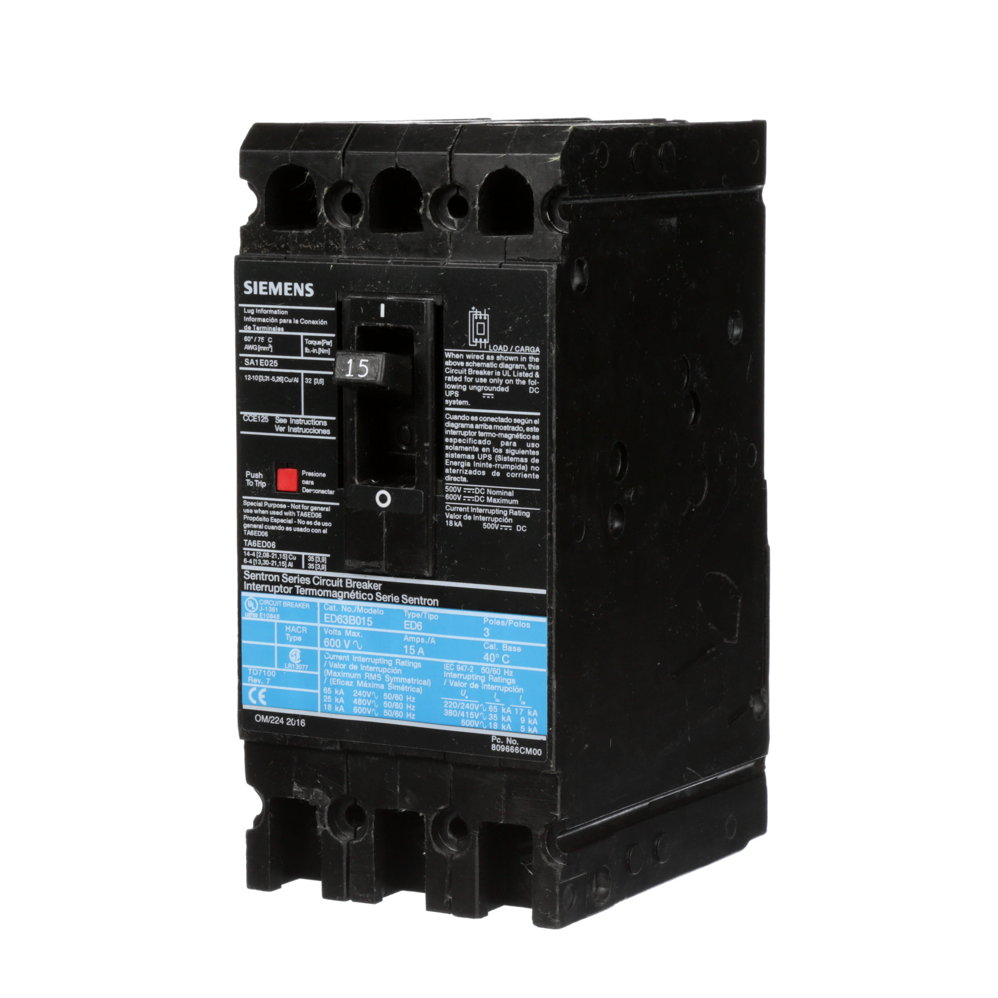  LOW VOLTAGE SENTRON MOLDED CASE CIRCUIT BREAKER WITH THERMAL - MAGNETICTRIP UNIT. STANDARD 40 DEG C BREAKER ED FRAME WITH STANDARD BREAKING CAPACITY. 15A 3-POLE (18KAIC AT 600V) (25KAIC AT 480V). NON-INTERCHANGEABLE TRIP UNIT. SPECIAL FEATURES LINE AND LOAD SIDE LUGS (SA1E025) WIRE RANGE 14 - 10AWG (CU) / 12 - 10AWG (AL). DIMENSIONS (W x H x D) IN 3.00 x 6.4 x 3.92.