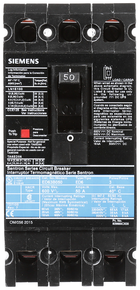  LOW VOLTAGE SENTRON MOLDED CASE CIRCUIT BREAKER WITH THERMAL - MAGNETICTRIP UNIT. STANDARD 40 DEG C BREAKER ED FRAME WITH STANDARD BREAKING CAPACITY. 50A 3-POLE (18KAIC AT 600V) (25KAIC AT 480V). NON-INTERCHANGEABLE TRIP UNIT. SPECIAL FEATURES LINE AND LOAD SIDE LUGS (LN1E100) WIRE RANGE 10 - 1/0AWG (CU/AL). DIMENSIONS (W x H x D) IN 3.00 x 6.4 x 3.92.