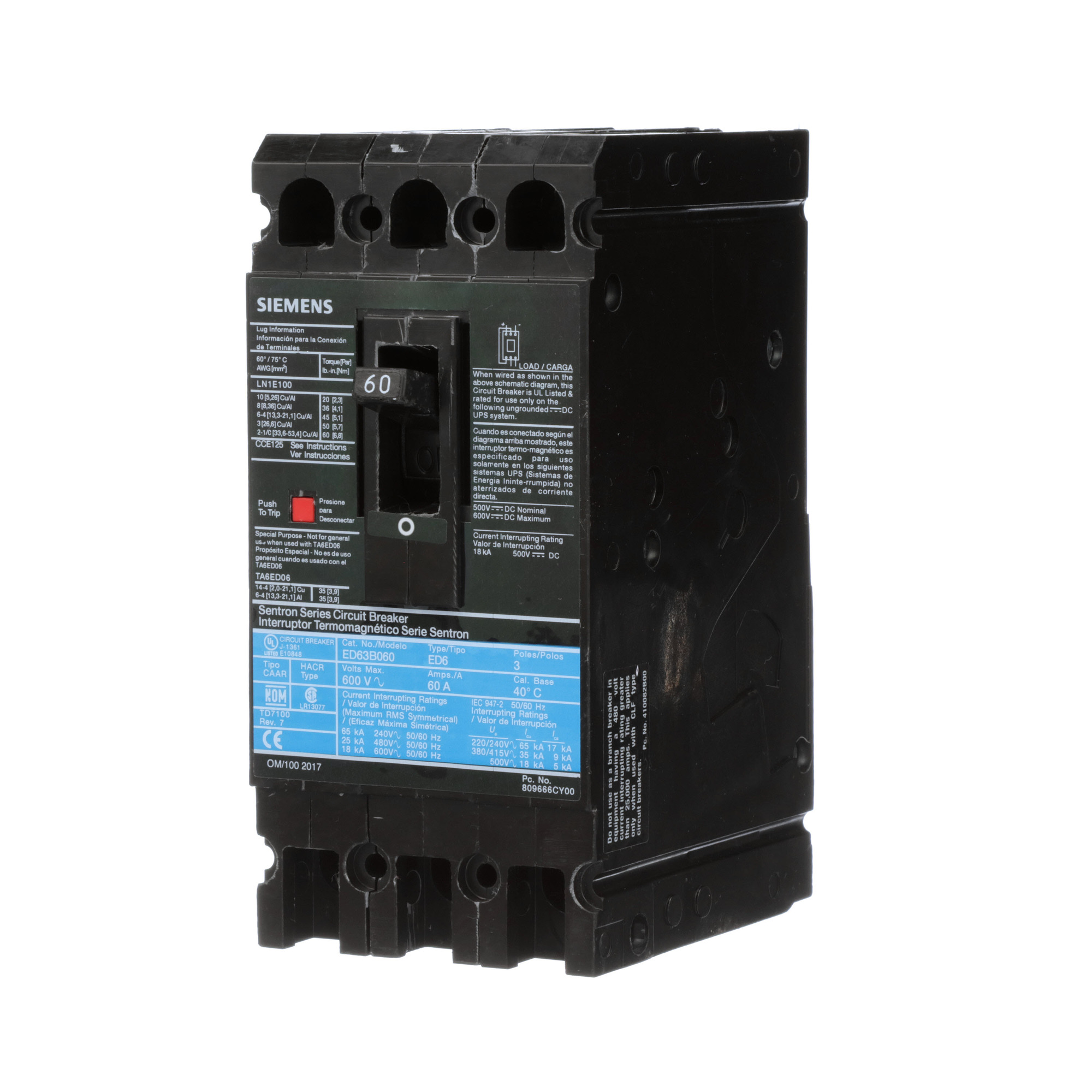  LOW VOLTAGE SENTRON MOLDED CASE CIRCUIT BREAKER WITH THERMAL - MAGNETICTRIP UNIT. STANDARD 40 DEG C BREAKER ED FRAME WITH STANDARD BREAKING CAPACITY. 60A 3-POLE (18KAIC AT 600V) (25KAIC AT 480V). NON-INTERCHANGEABLE TRIP UNIT. SPECIAL FEATURES LINE AND LOAD SIDE LUGS (LN1E100) WIRE RANGE 10 - 1/0AWG (CU/AL). DIMENSIONS (W x H x D) IN 3.00 x 6.4 x 3.92.