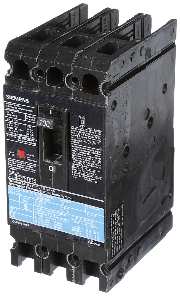  LOW VOLTAGE SENTRON MOLDED CASE CIRCUIT BREAKER WITH THERMAL - MAGNETICTRIP UNIT. STANDARD 40 DEG C BREAKER ED FRAME WITH STANDARD BREAKING CAPACITY. 100A 3-POLE (18KAIC AT 600V) (25KAIC AT 480V). NON-INTERCHANGEABLE TRIP UNIT. SPECIAL FEATURES LINE AND LOAD SIDE LUGS (LN1E100) WIRE RANGE 10 - 1/0AWG (CU/AL).DIMENSIONS (W x H x D) IN 3.00 x 6.4 x 3.92.