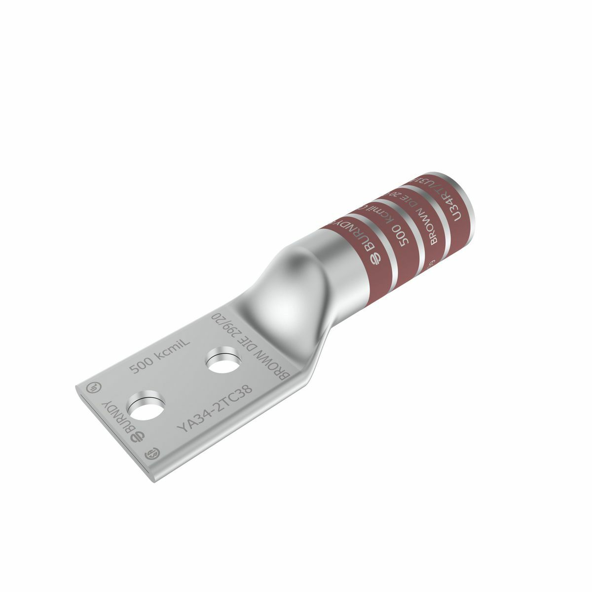 500 kcmil CU, Two Hole, 3/8 Stud Size, 1 Hole Spacing, Long Barrel Internal Chamfer, Tin Plated, UL/CSA, 90?C, Up to 35kV, Brown Color Code, 20 or 299 Die Index.