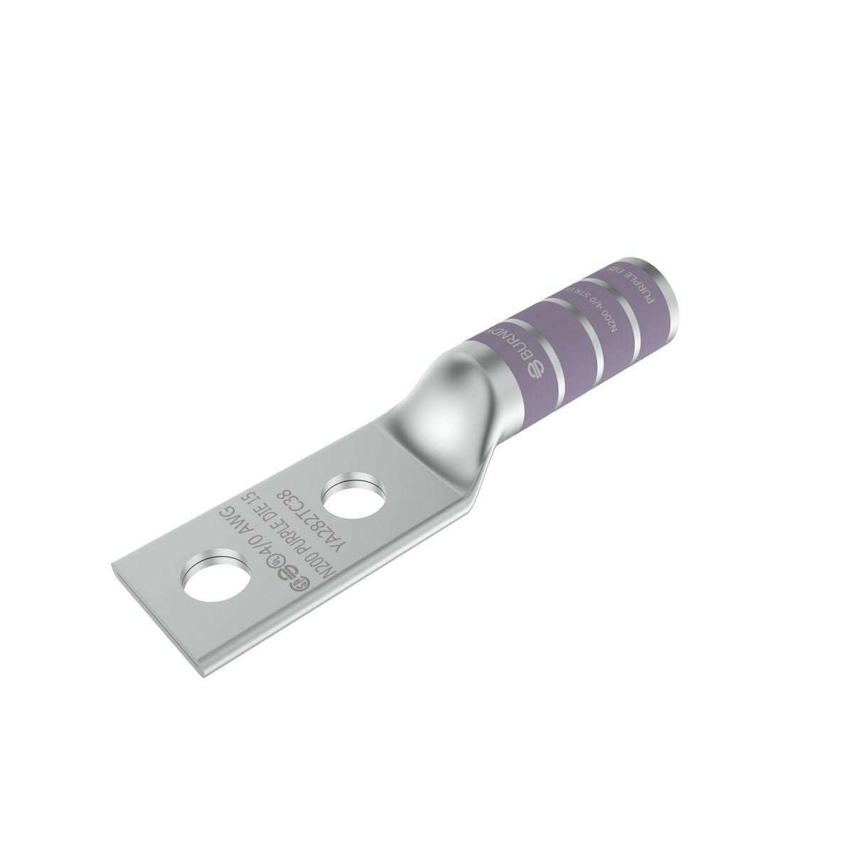 4/0 AWG CU, Two Hole, 3/8 Stud Size, 1 Hole Spacing, Long Barrel Internal Chamfer, Tin Plated, UL/CSA, 90?C, Up to 35kV, Purple Color Code, 15 Die Index.