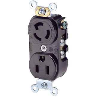 15 Amp, 125 Volt, Duplex Locking Receptacle, Industrial Grade, Grounding, Lock/Straight Combo, Black