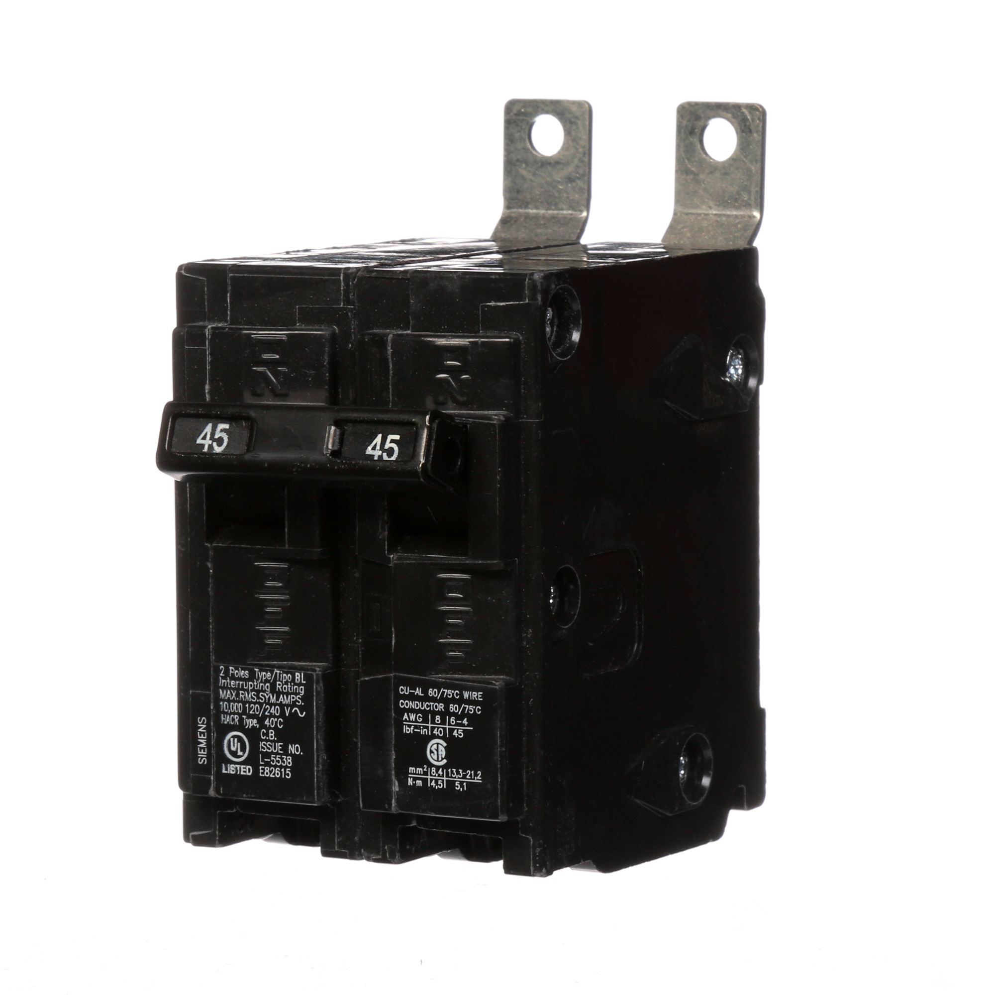 B245 Type BL Low Voltage Molded Case Circuit Breaker, 120/240 V AC, 45 A, 10 kA Interrupt, 2 Poles, Thermal Magnetic Trip