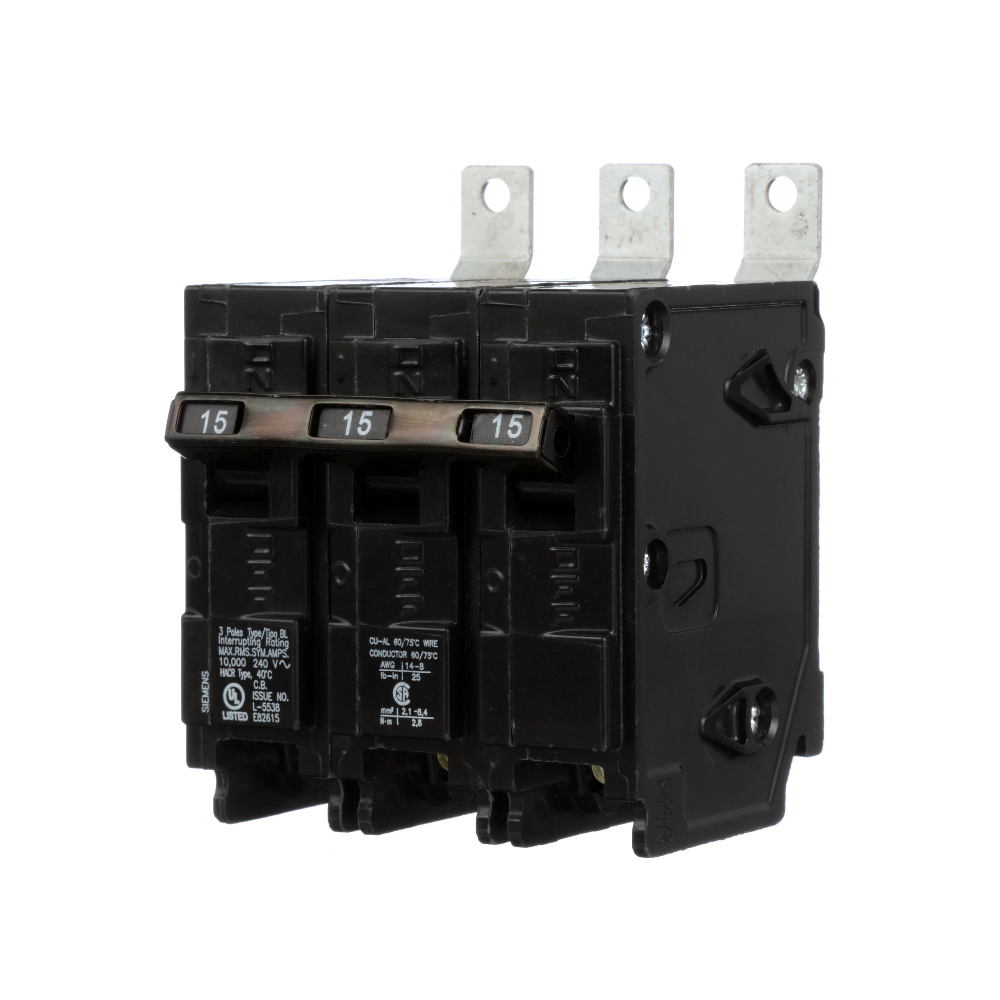  Low Voltage Molded Case Circuit Breakers Panelboard Mounting 240V Circuit Breakers - Type BL, 3-Pole, 240VAC are Circuit Protection Molded Case CircuitBreakers. Type BL Application Electrical Distribution Standard UL 489 Voltage Rating 240V Amperage Rating 15A Trip Range Thermal Magnetic Interrupt Rating 10 AIC Number Of Poles 3P