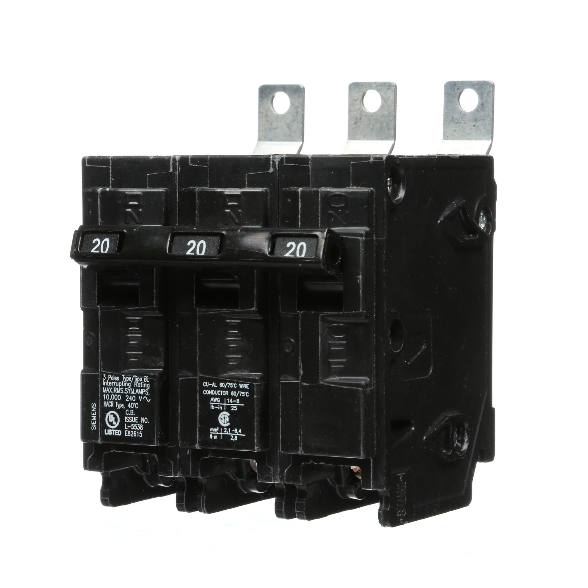  Low Voltage Molded Case Circuit Breakers Panelboard Mounting 240V Circuit Breakers - Type BL, 3-Pole, 240VAC are Circuit Protection Molded Case CircuitBreakers. Type BL Application Electrical Distribution Standard UL 489 Voltage Rating 240V Amperage Rating 20A Trip Range Thermal Magnetic Interrupt Rating 10 AIC Number Of Poles 3P